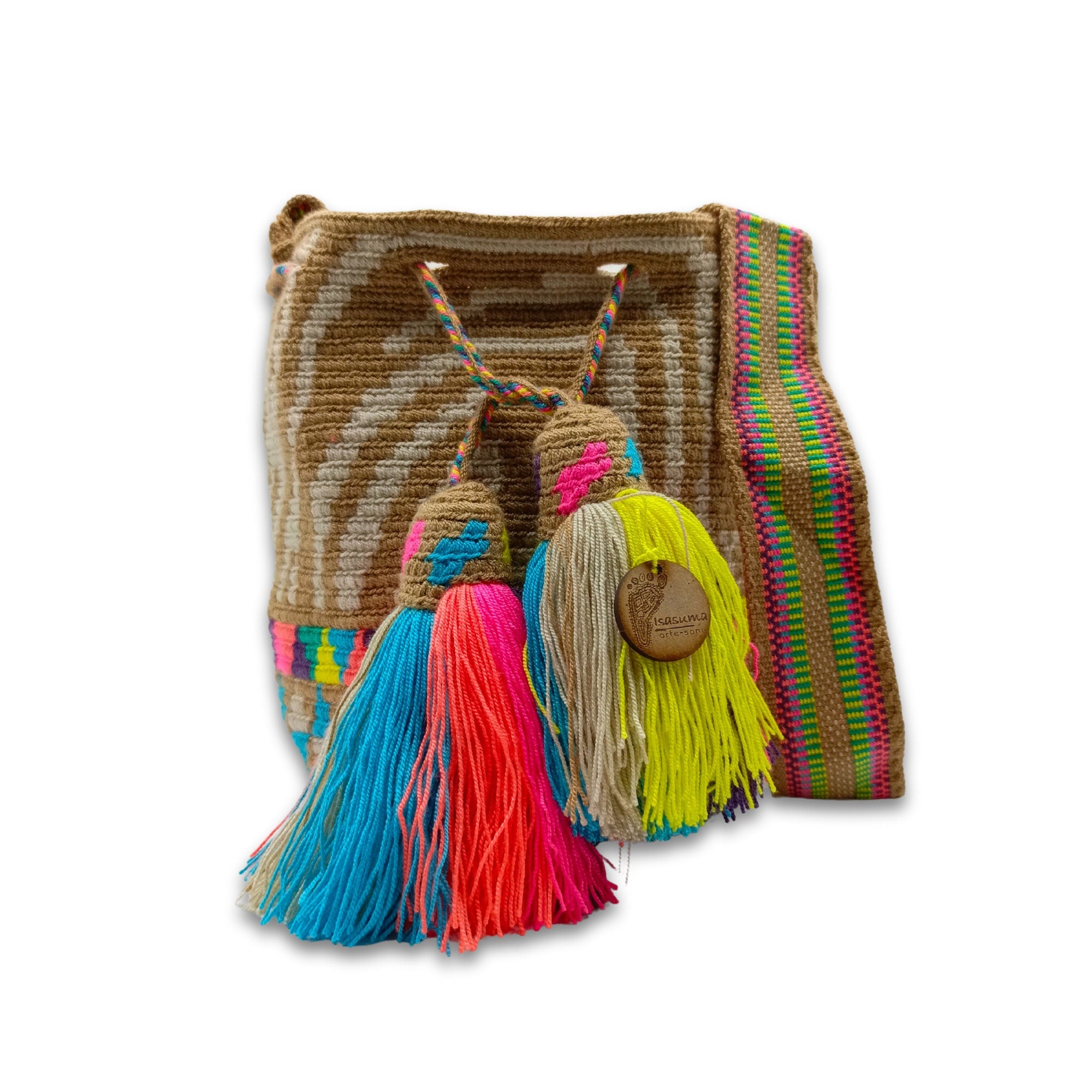 Exclusive Wayuu mochila bag | Medium Woven Crossbody Handmade Gorrito Mochila | Beige Waves Colorfull traingles