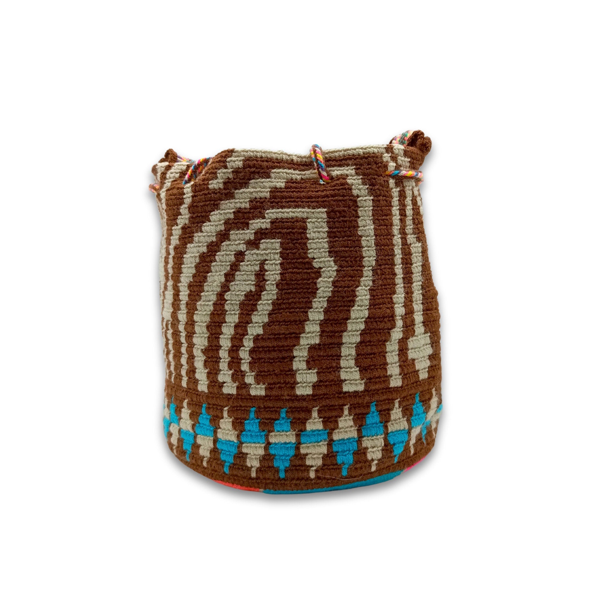 Exclusive Wayuu mochila bag | Medium Woven Crossbody Handmade Gorrito Mochila | Beige Waves Blue and beige traingles