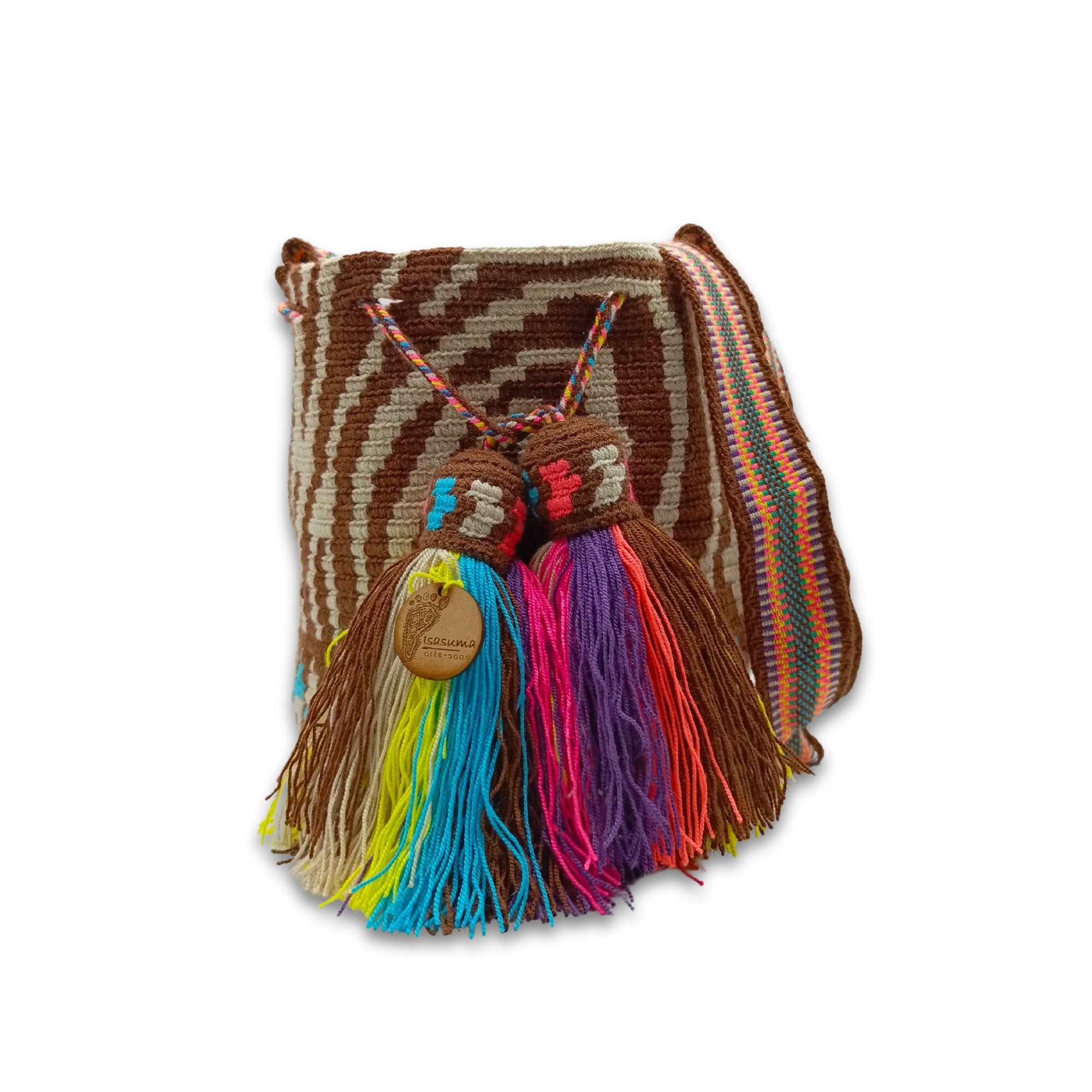 Exclusive Wayuu mochila bag | Medium Woven Crossbody Handmade Gorrito Mochila | Beige Waves Blue and beige traingles