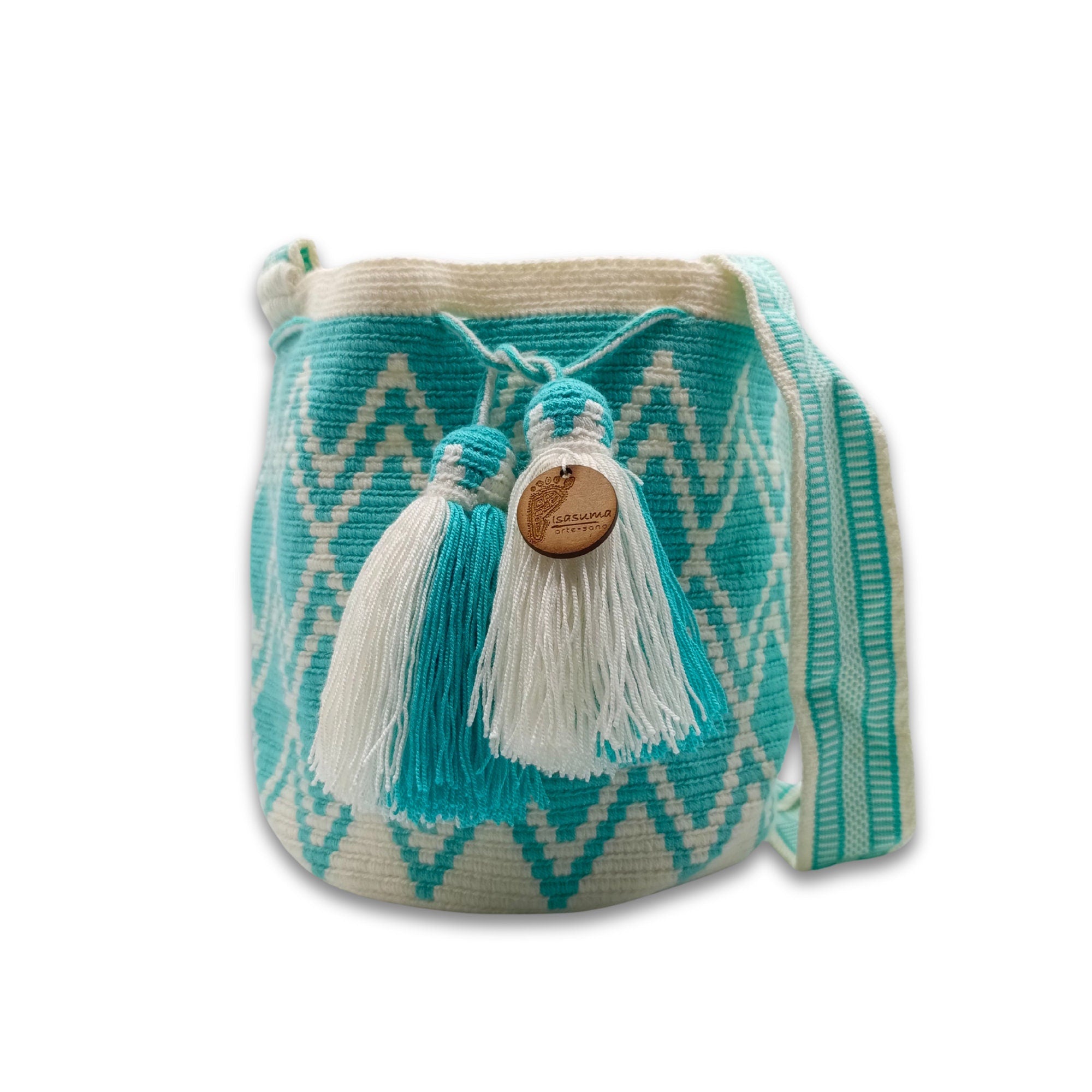 Exclusive Wayuu mochila bag | Medium Woven Crossbody Handmade Gorrito Mochila | Turquoise and White Rhombus