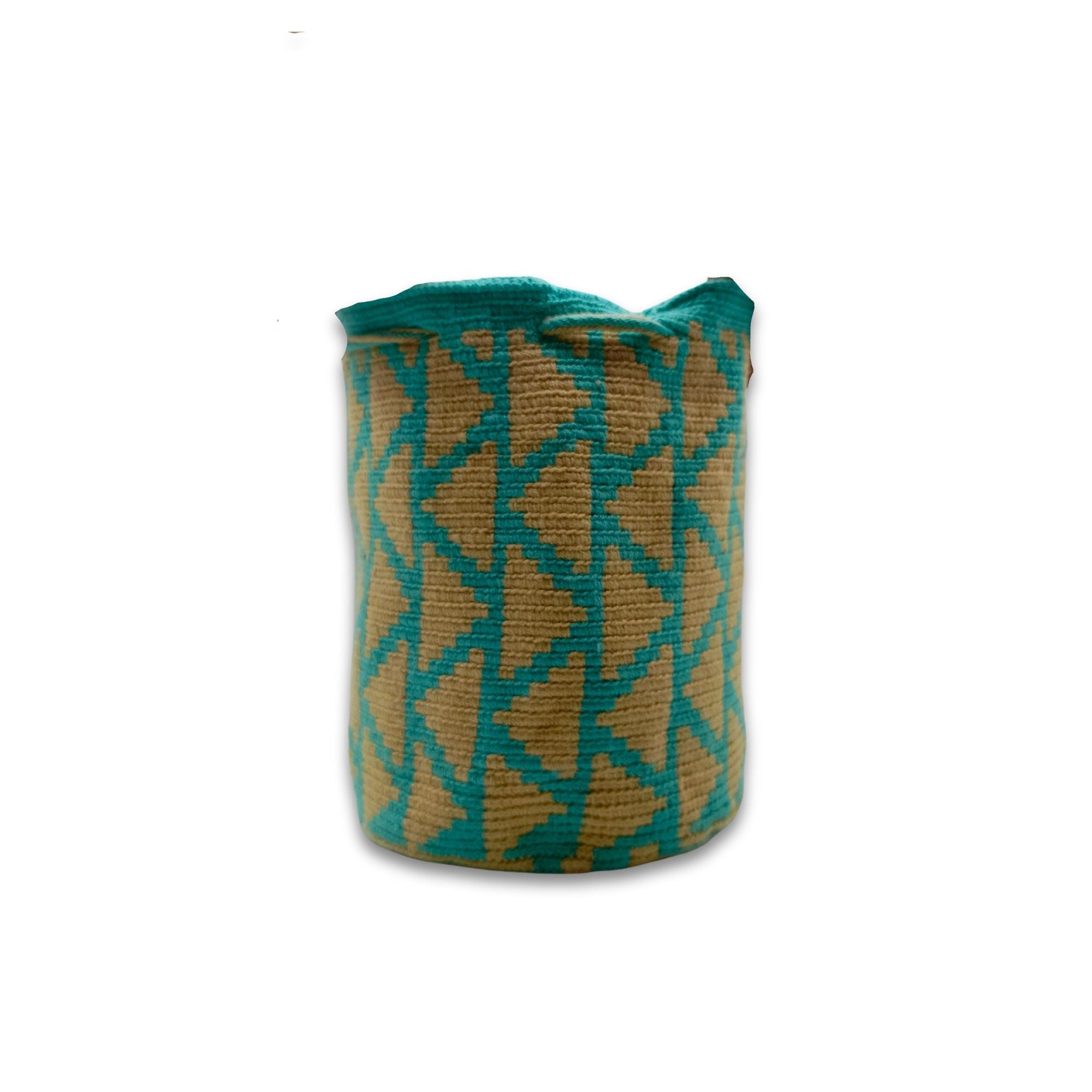 Exclusive Wayuu mochila bag | Medium Woven Crossbody Handmade Gorrito Mochila | Turquoise and beige Triangles