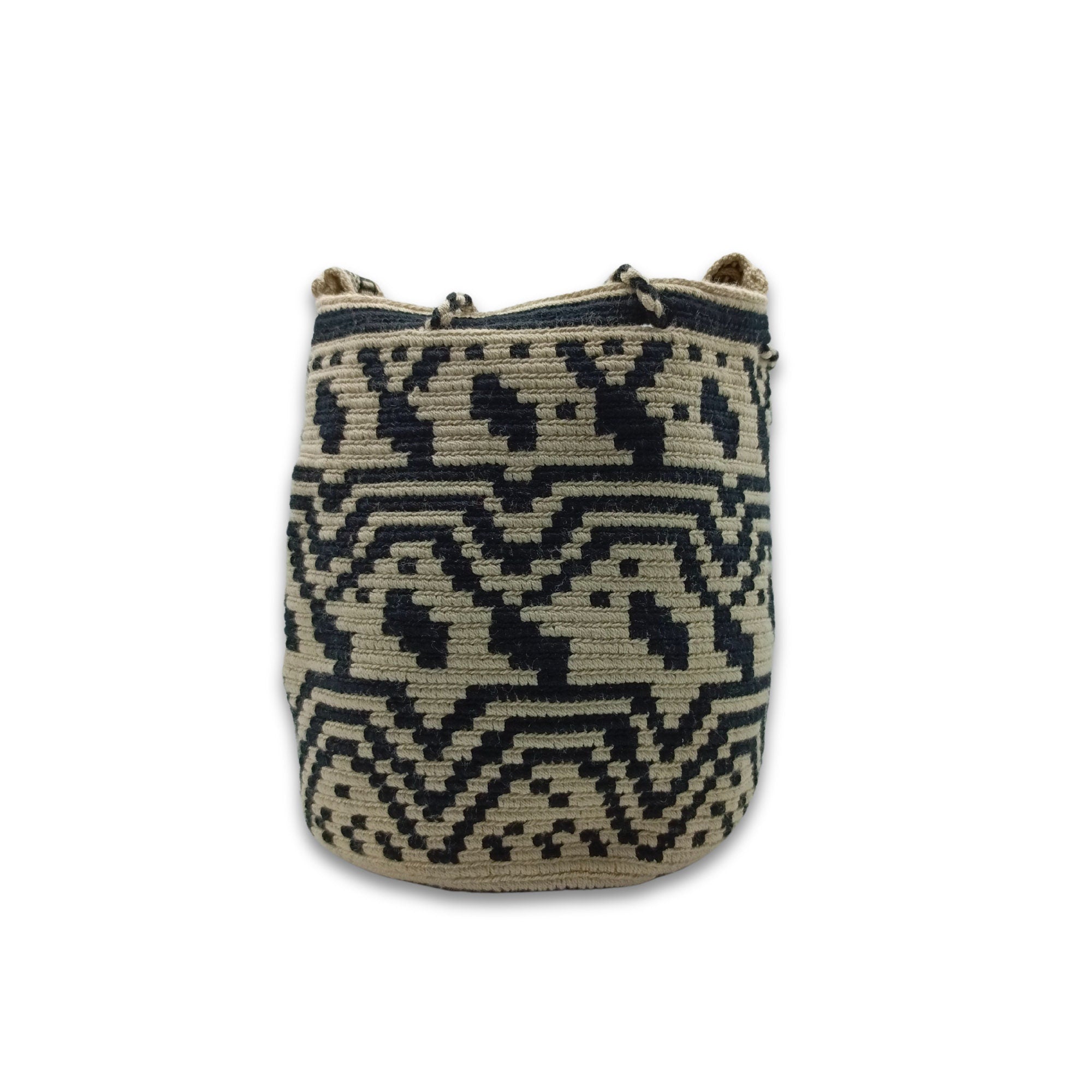 Exclusive Wayuu mochila bag | Medium Woven Crossbody Handmade Gorrito Mochila | Black and Beige figures