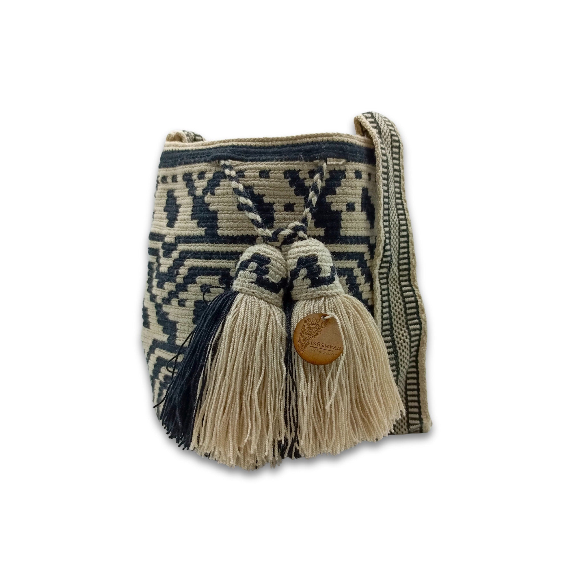 Exclusive Wayuu mochila bag | Medium Woven Crossbody Handmade Gorrito Mochila | Black and Beige figures