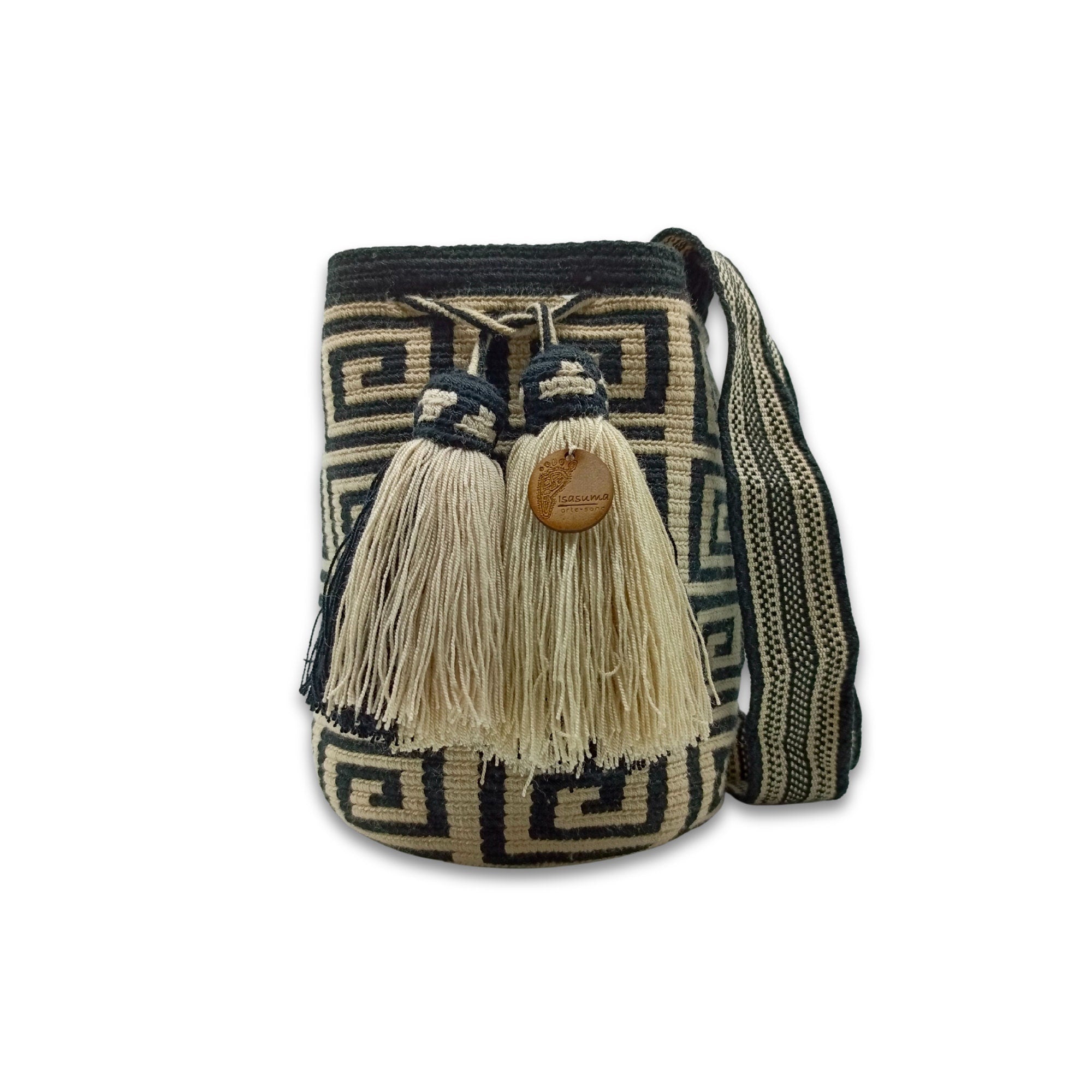 Exclusive Wayuu mochila bag | Medium Woven Crossbody Handmade Gorrito Mochila | Black and Beige Squares lab