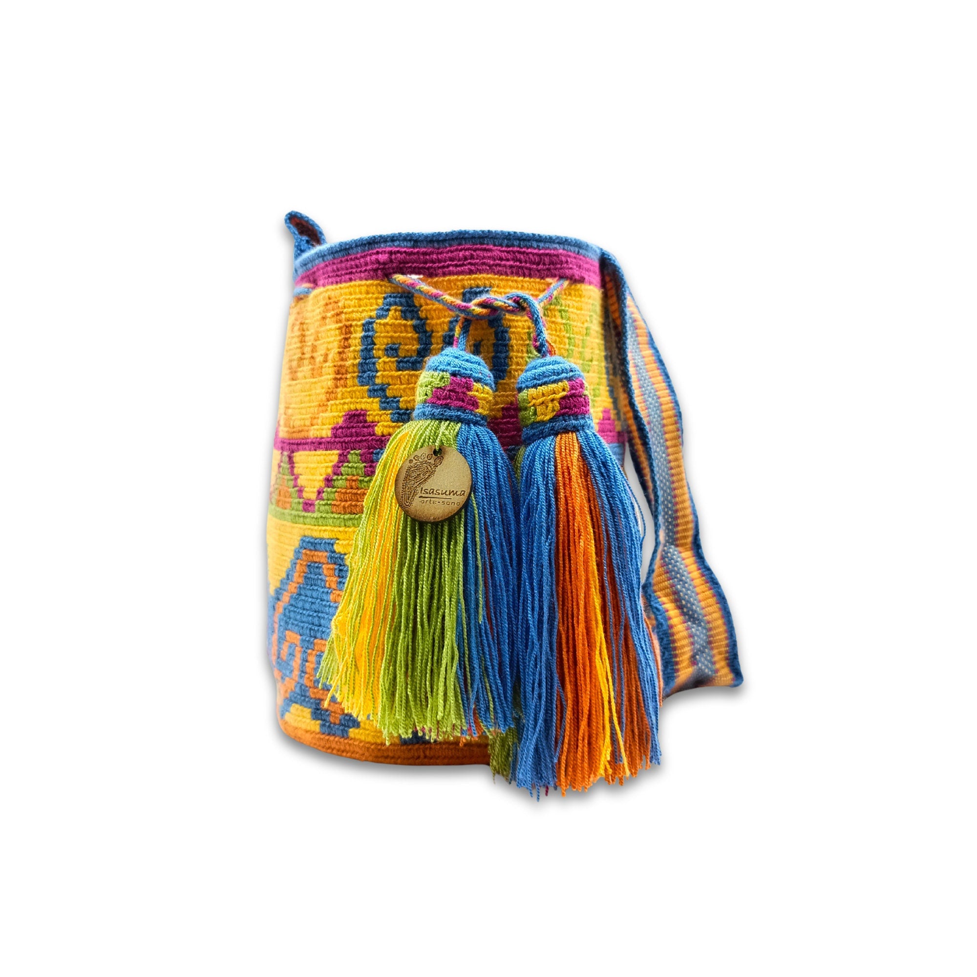 Exclusive Wayuu mochila bag | Medium Woven Crossbody Handmade Gorrito Mochila | Sunset Colors Figures