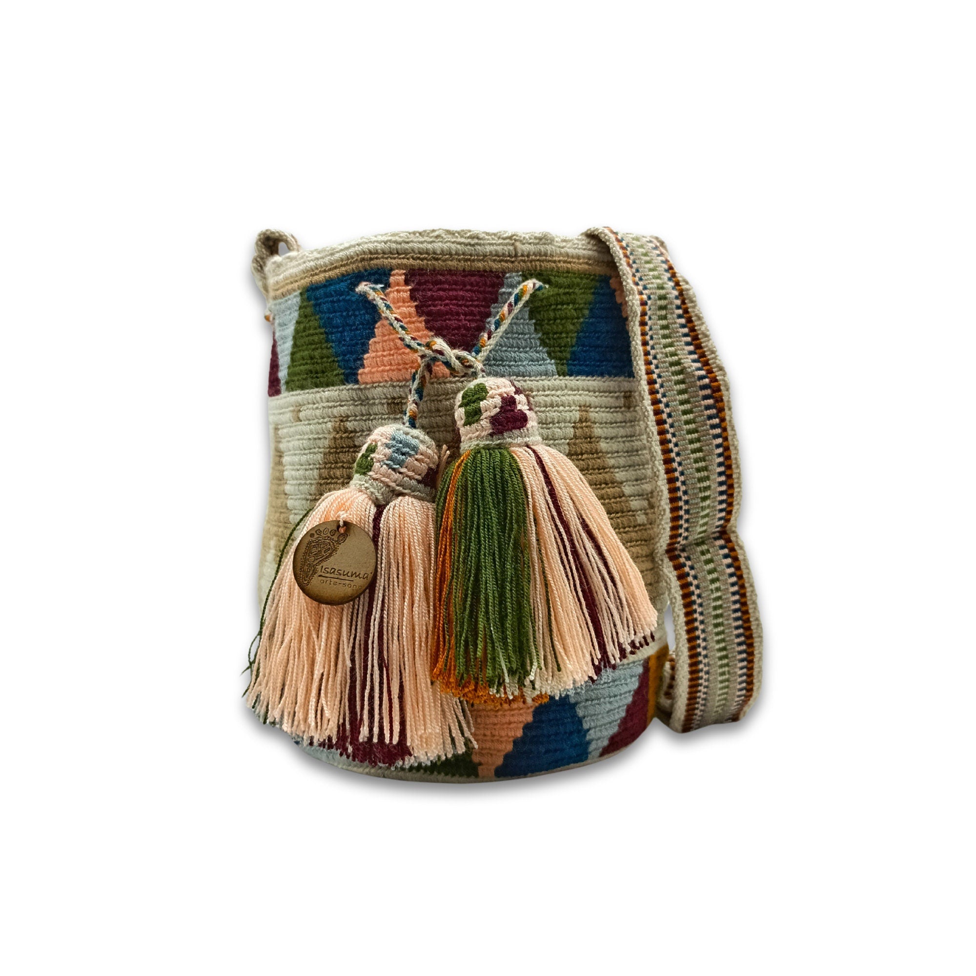 Exclusive Wayuu mochila bag | Medium Woven Crossbody Handmade Gorrito Mochila | Beige Zig Zag in middle