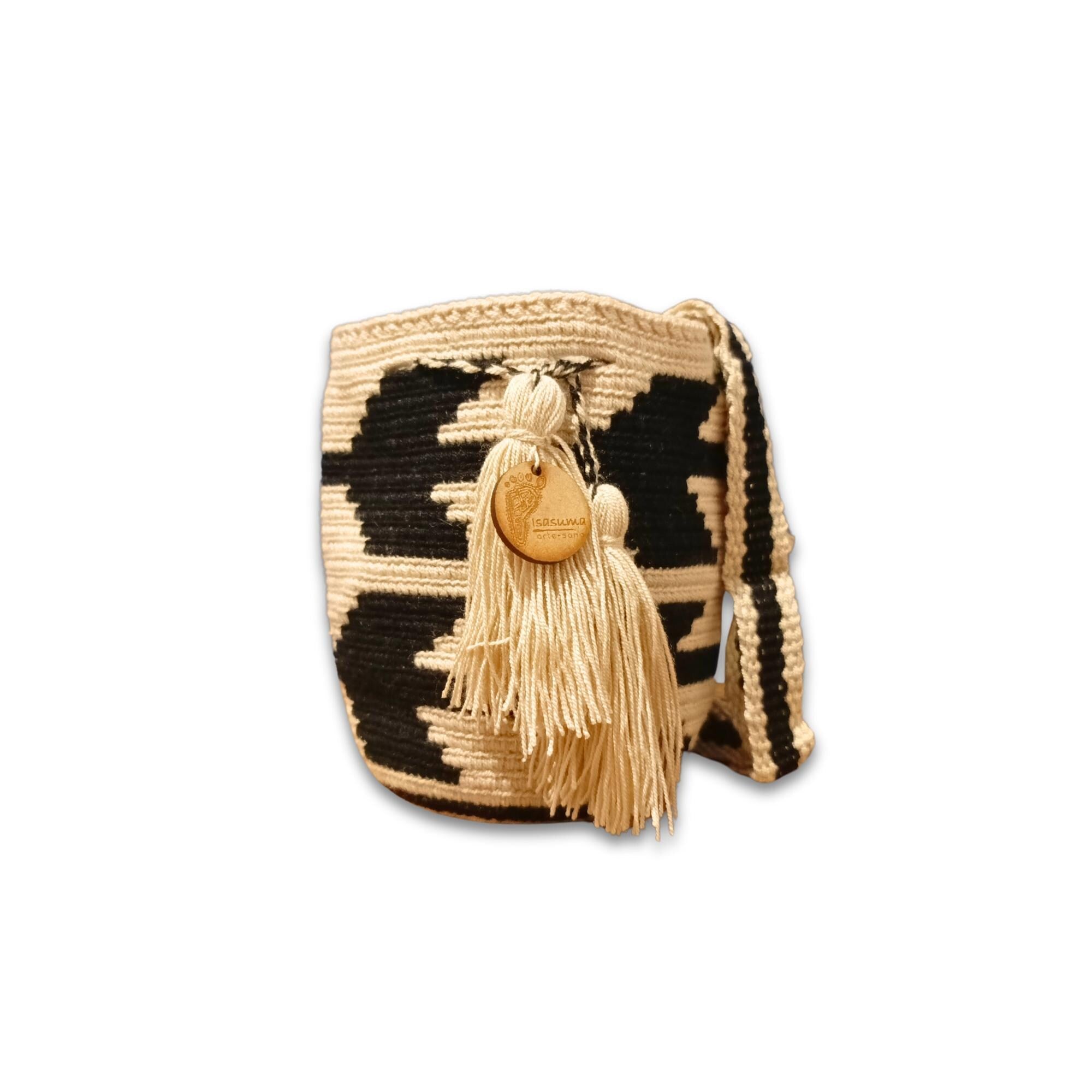 MiniTraditional Wayuu Mochila Bag | Woven Crossbody | Handmade | Boho | Beige and Black Arrows