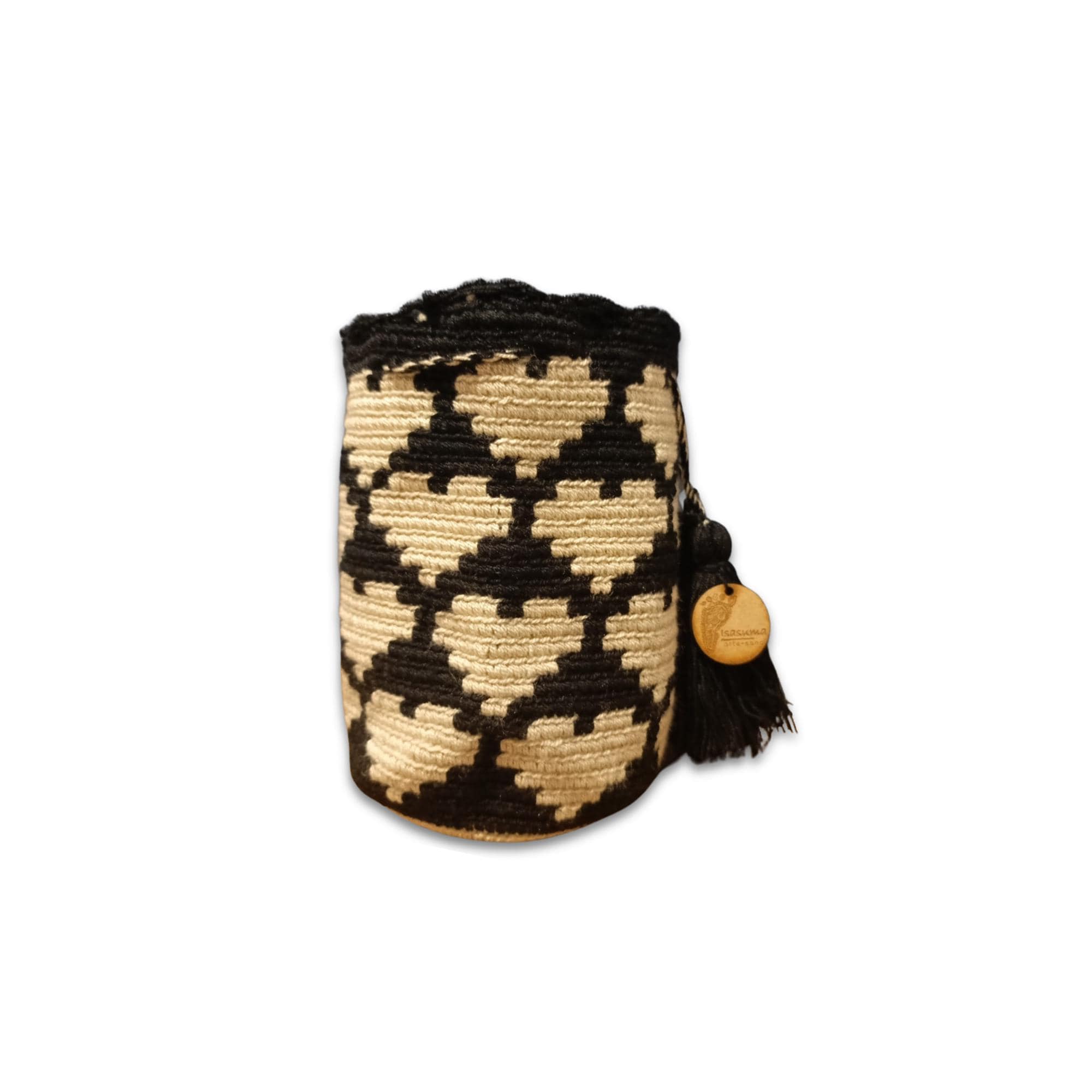 MiniTraditional Wayuu Mochila Bag | Woven Crossbody | Handmade | Boho | Beige and Black hearts