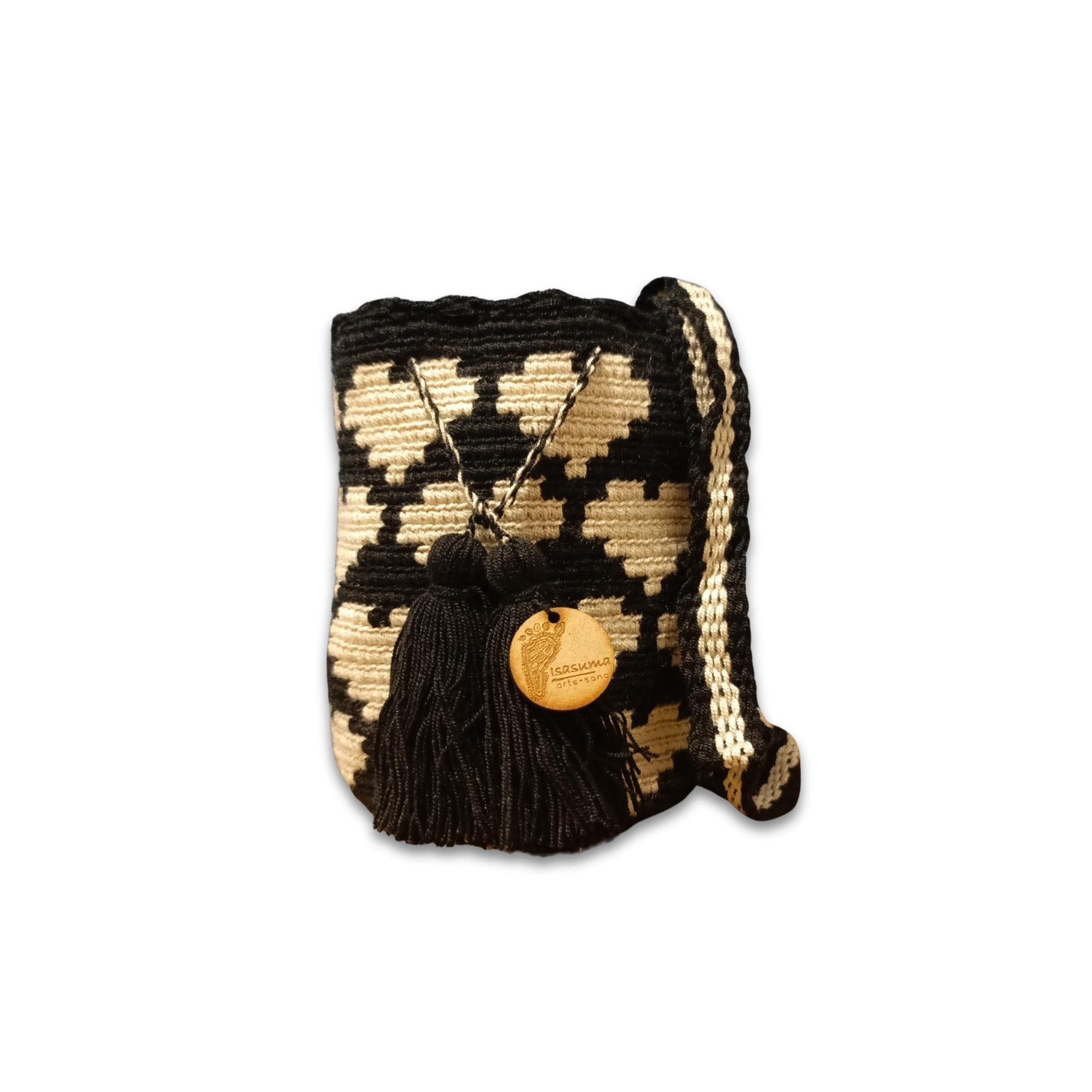 MiniTraditional Wayuu Mochila Bag | Woven Crossbody | Handmade | Boho | Beige and Black hearts