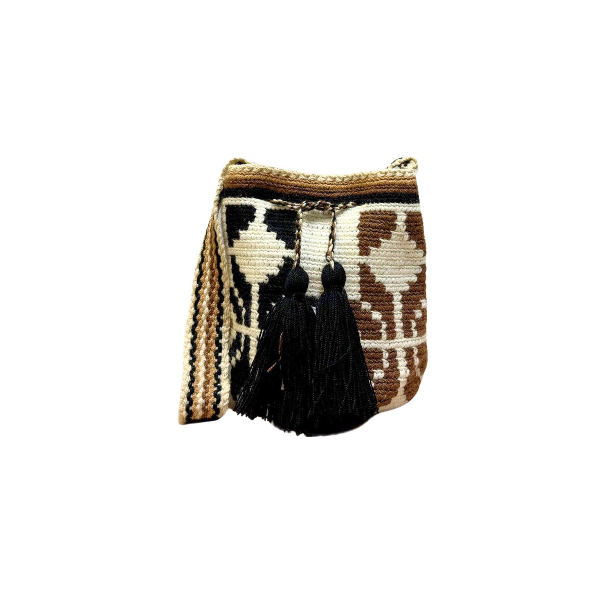 Mini Traditional Wayuu Mochila Bag | Woven Crossbody | Handmade | Boho | White and flowers brown/black