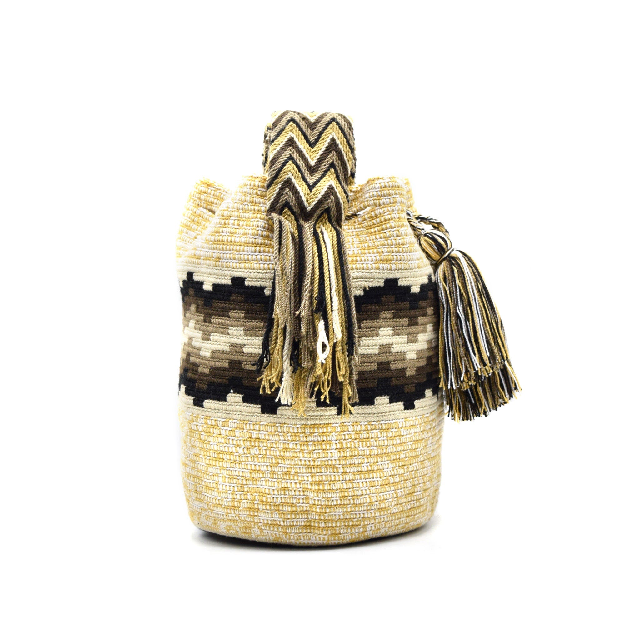 Large Authentic Colombian Wayuu Mochila Bag | Tribal Ethnic Boho Bag | Woven Strap | Brown Beige and Black