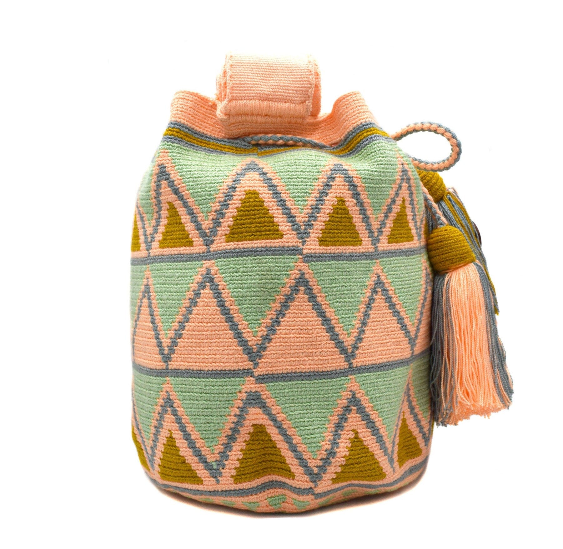 Deluxe Colombian Wayuu Mochila Bag Large | Non-Stretch Strap | Coral Green Triangles