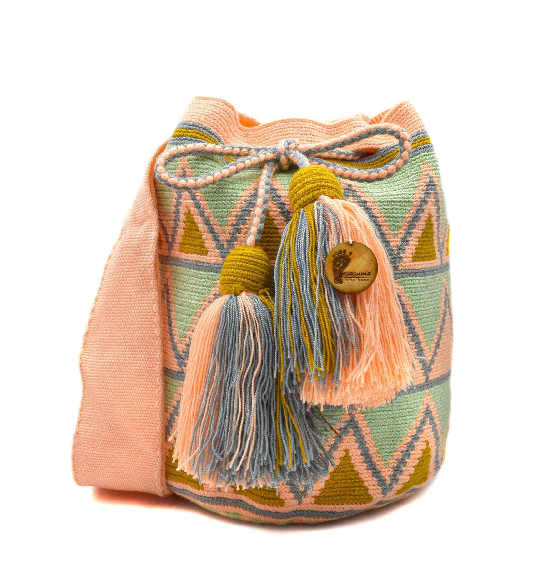 Deluxe Colombian Wayuu Mochila Bag Large | Non-Stretch Strap | Coral Green Triangles