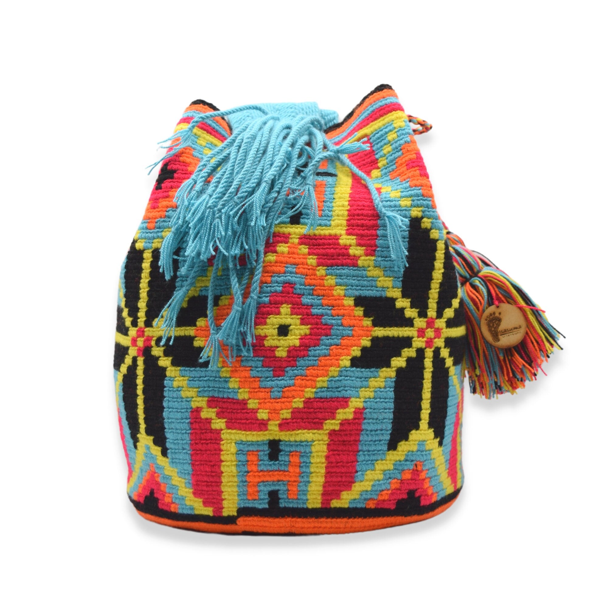 Wayuu mochila bag | Large Tradicional | Blue and black, orange neon