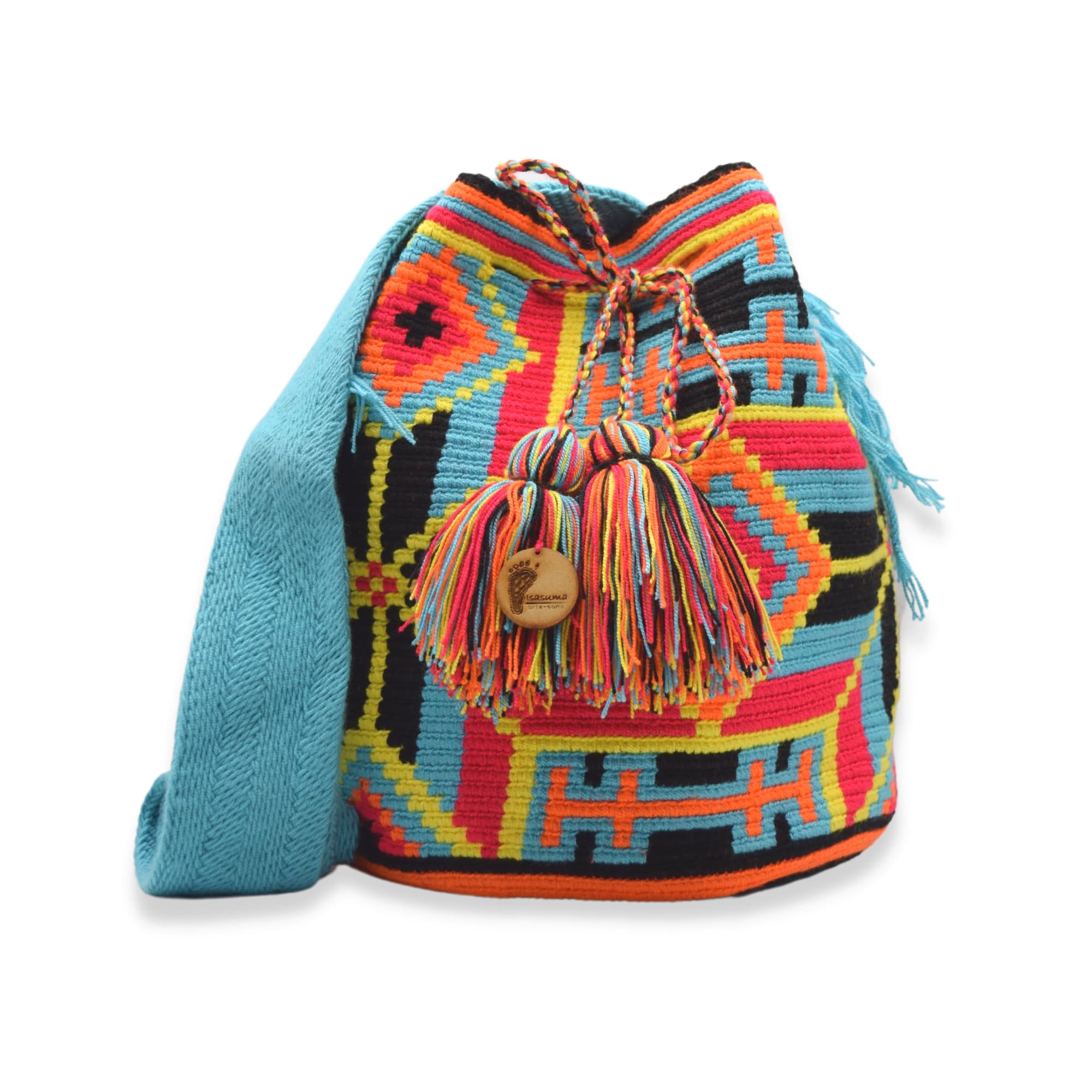 Wayuu mochila bag | Large Tradicional | Blue and black, orange neon