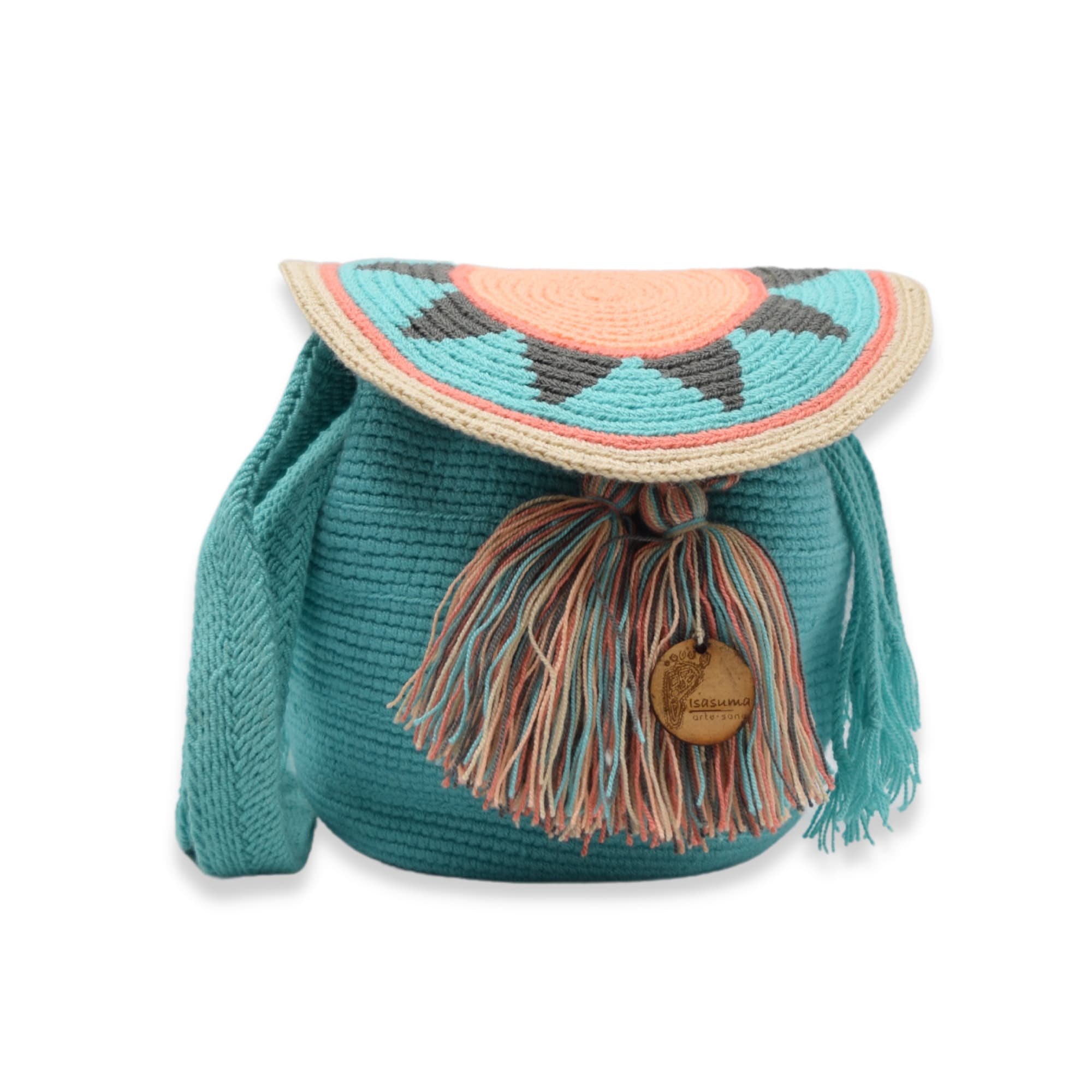 Wayuu Medium Bag with Flap Top | Unicolor Teal Blue