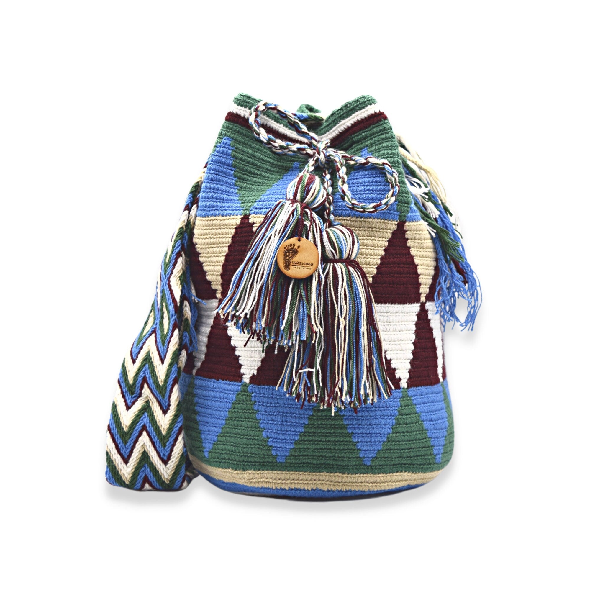 Wayuu mochila bag | Large Tradicional | Green blue beige and red sangria triangles