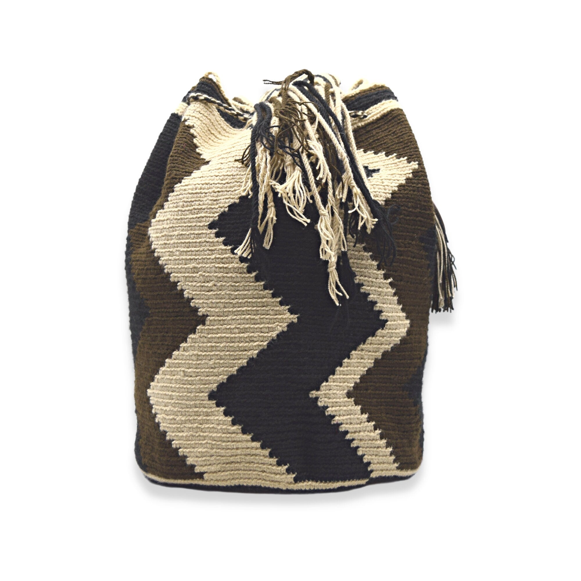 Wayuu mochila bag | Large Tradicional | Brown Beige and White Zig Zag
