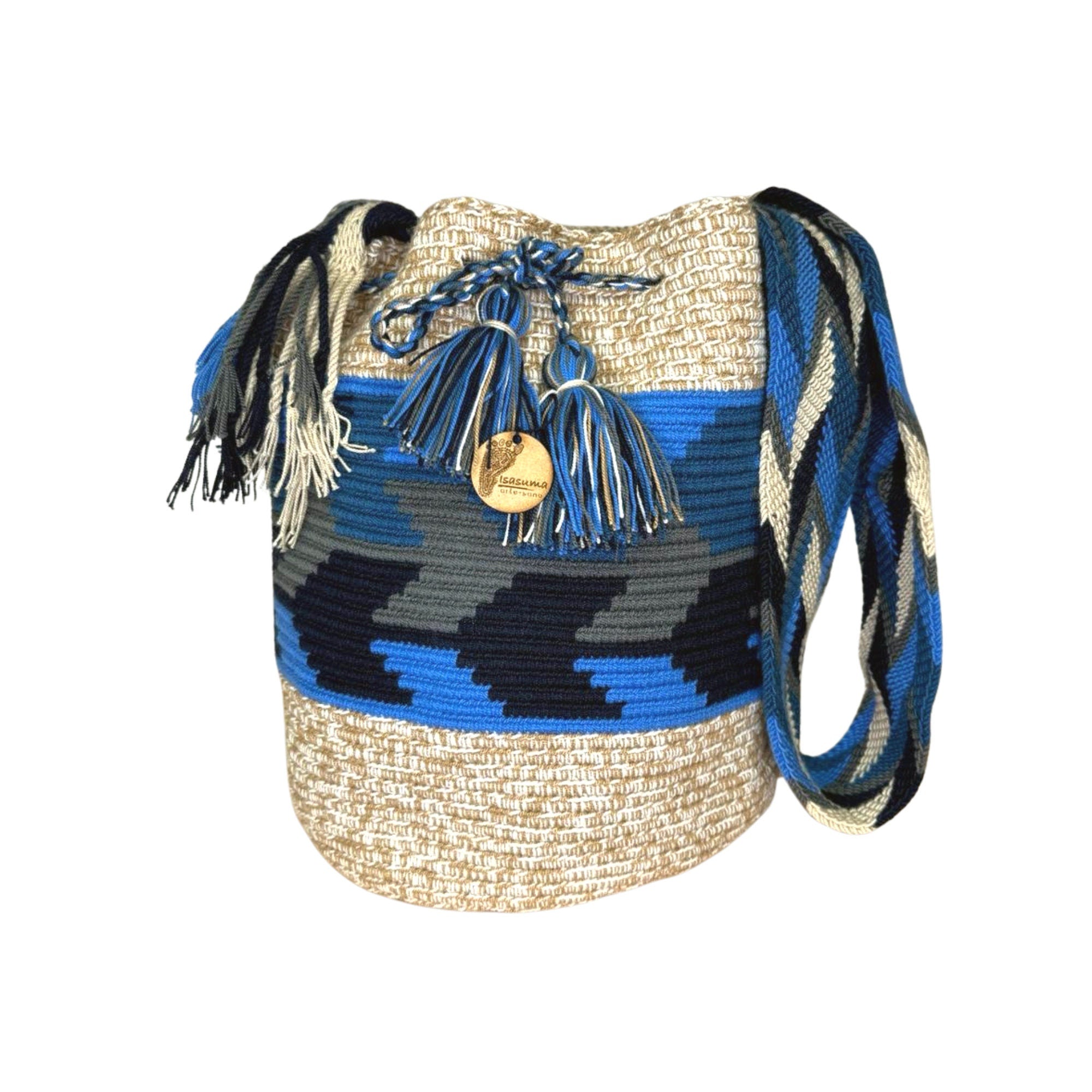 Large Authentic Colombian Wayuu Mochila Bag | Beige double line of blue arrows