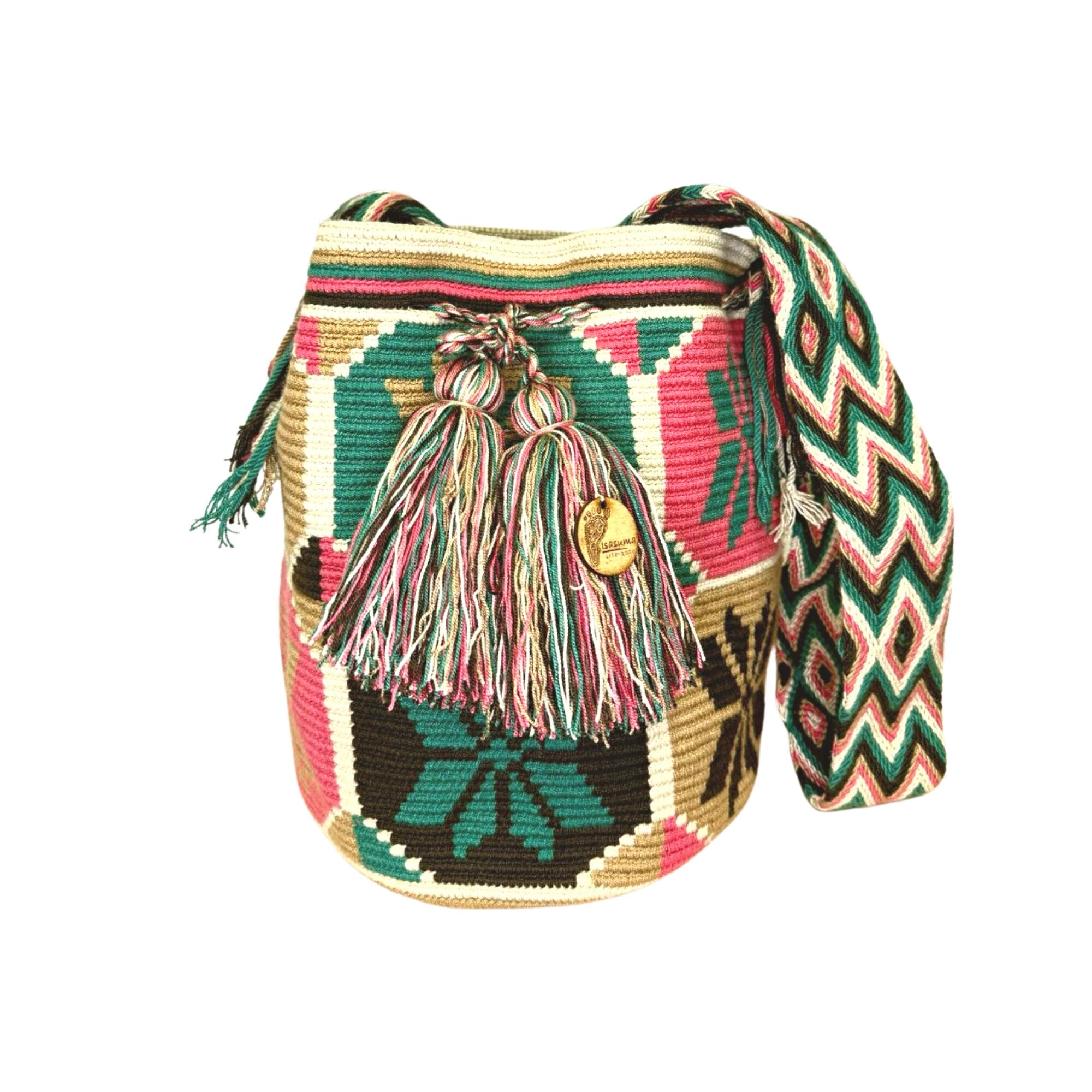 Large Authentic Colombian Wayuu Mochila Bag | Beige, green and pink figures