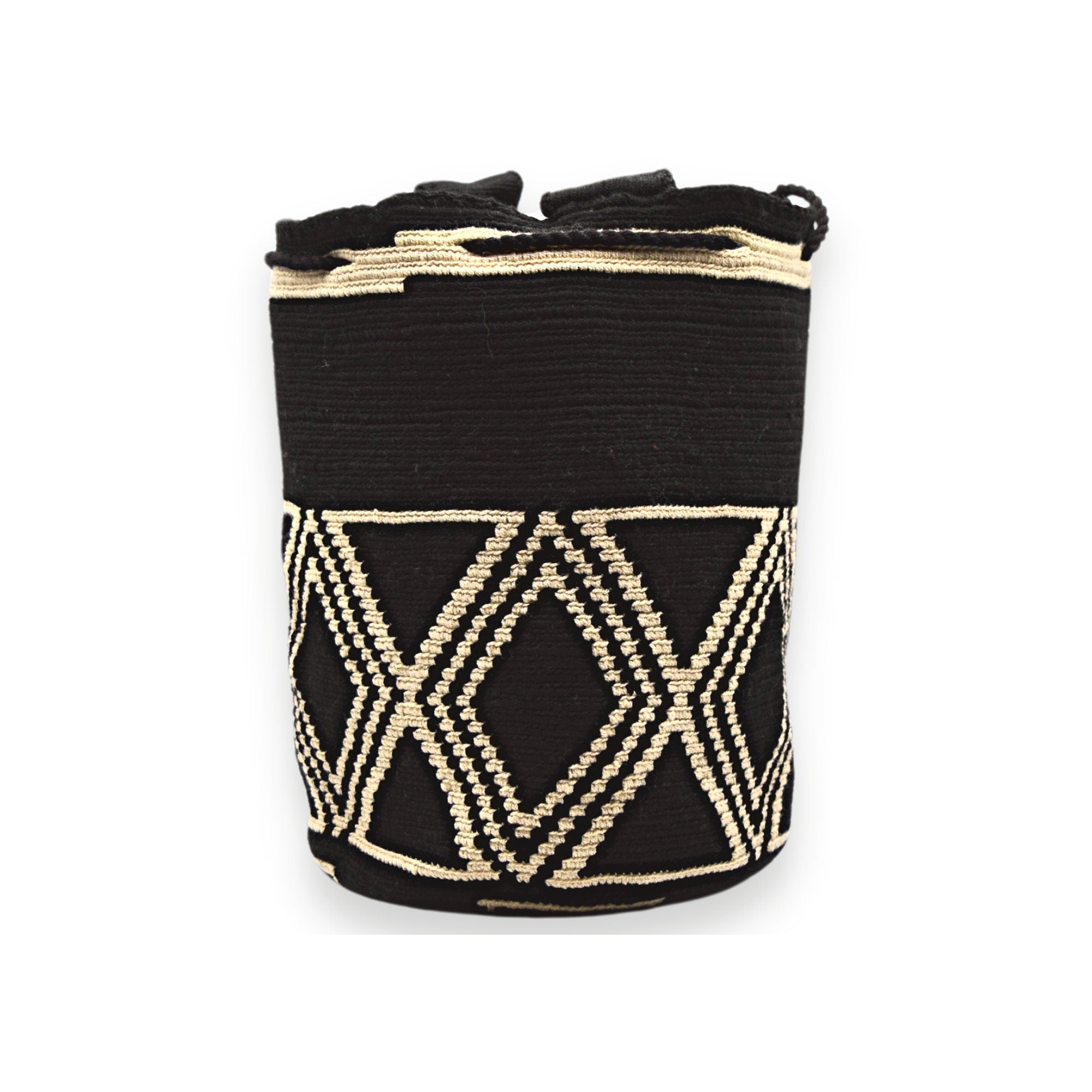 Large Authentic Colombian Wayuu Mochila Bag | Woven Strap | Black, black triangles strap black