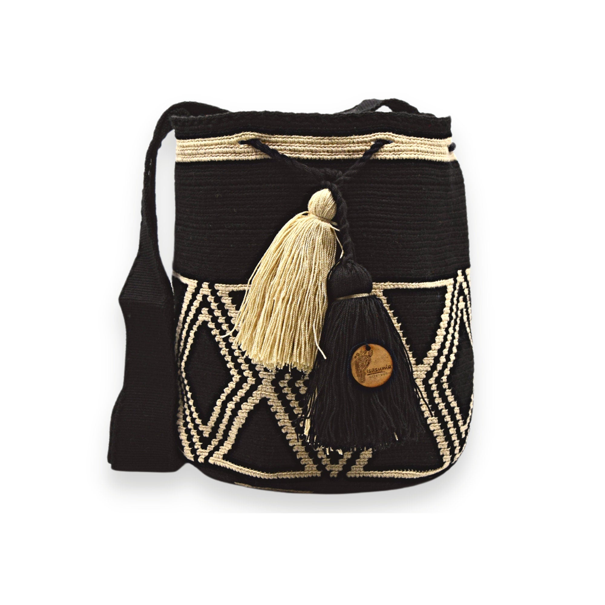 Large Authentic Colombian Wayuu Mochila Bag | Woven Strap | Black, black triangles strap black