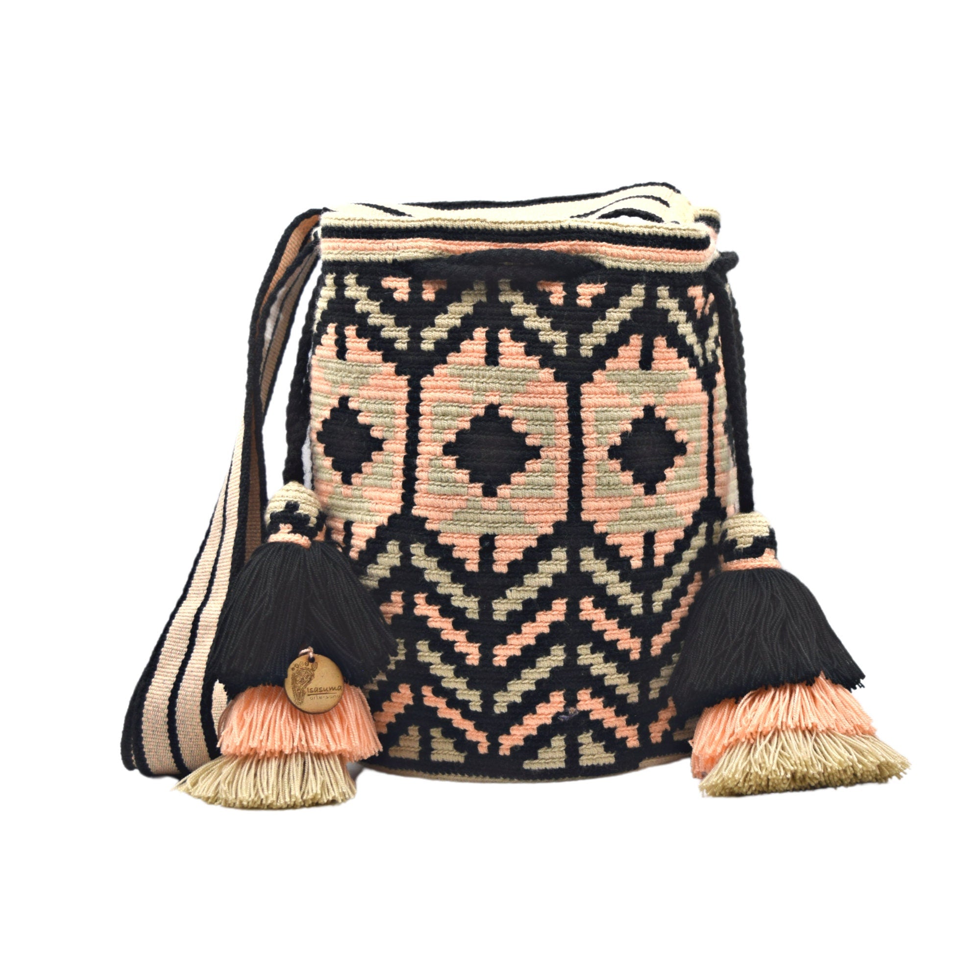 Large Exclusive Colombian Wayuu Mochila Bag | Non-Stretch Strap | Beige peach and black