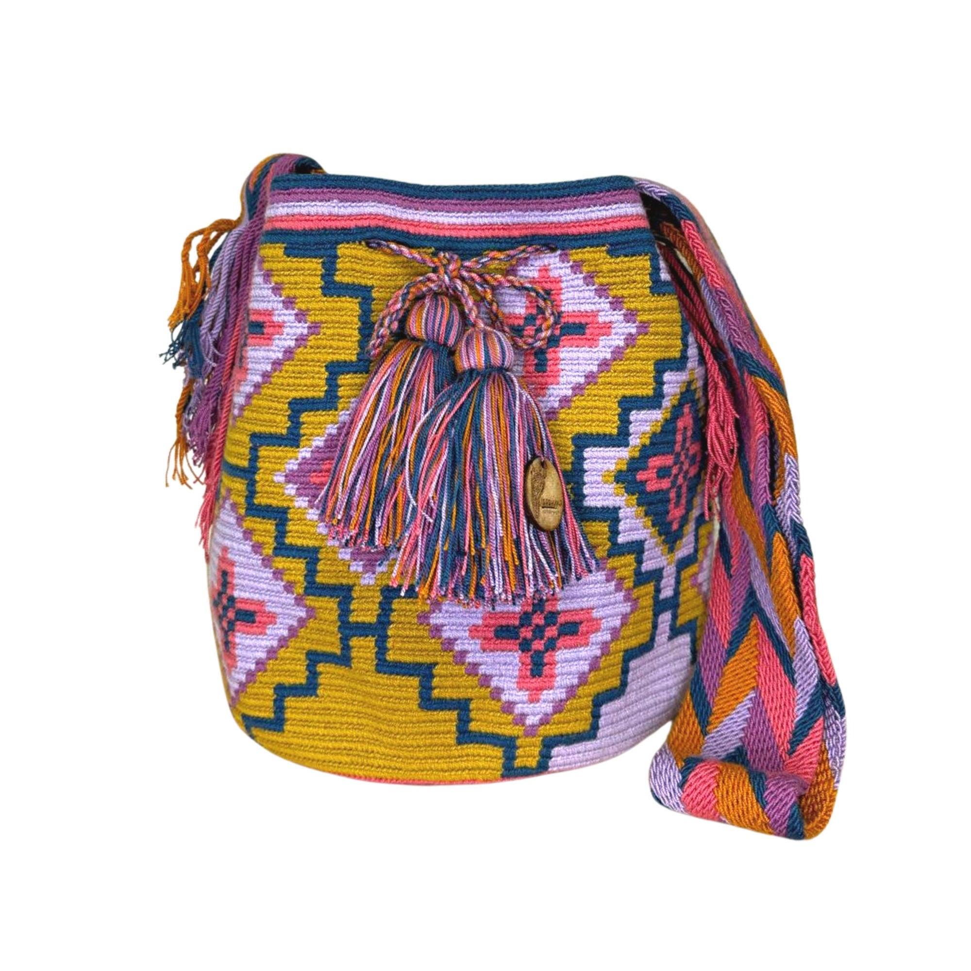 Large Authentic Colombian Wayuu Mochila Bag | Lilac with pink stars and yellow forms