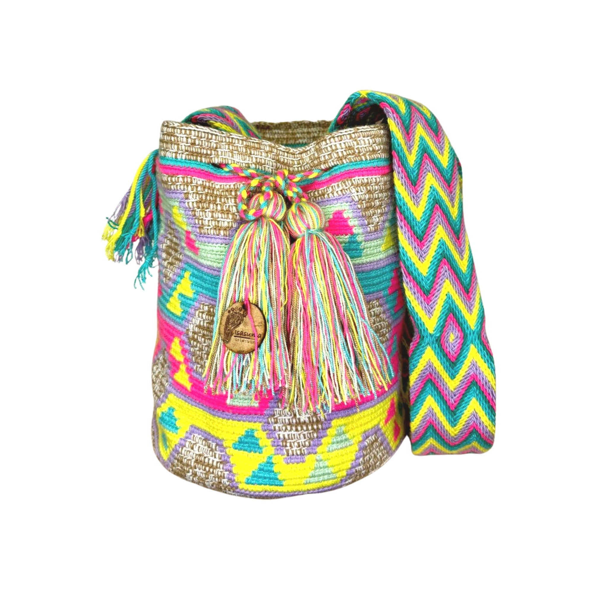 Large Authentic Colombian Wayuu Mochila Bag | Beige with pink and green neon
