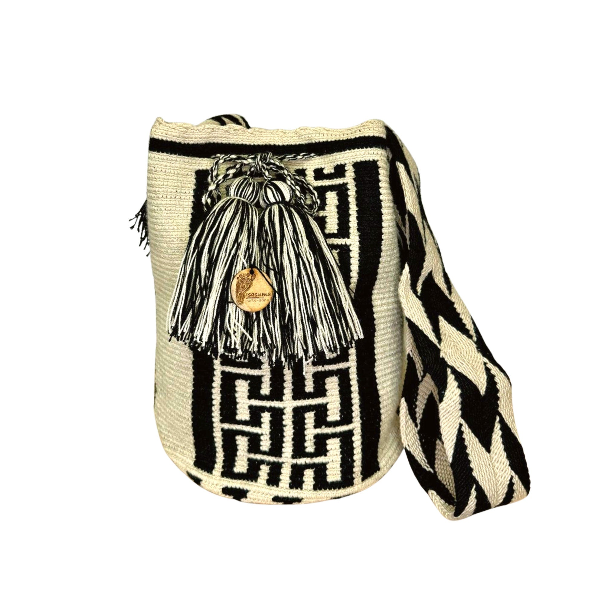 Large Authentic Colombian Wayuu Mochila Bag | Beige, black lines