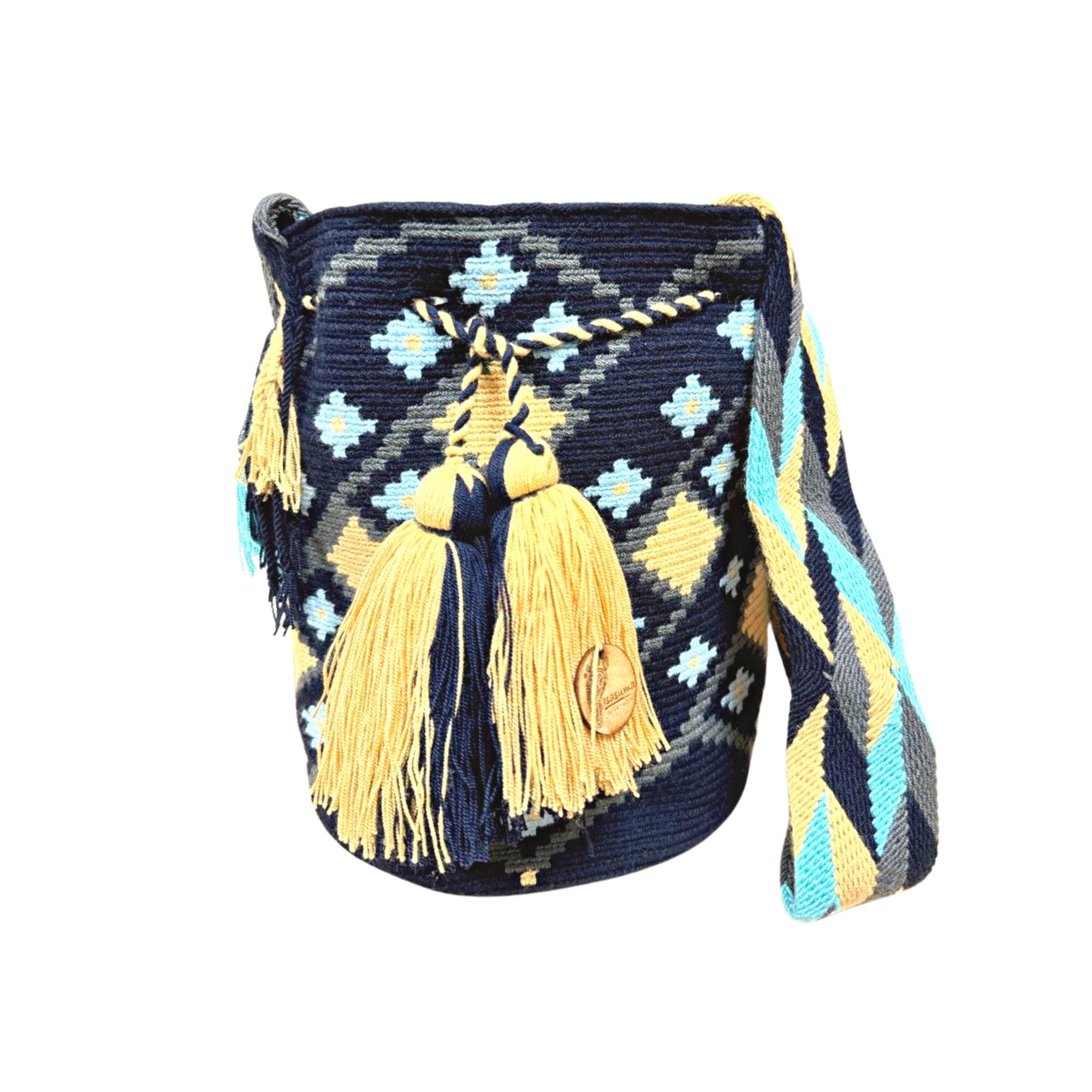 Large Authentic Colombian Wayuu Mochila Bag | Dark Blue, soft yellow rhombus
