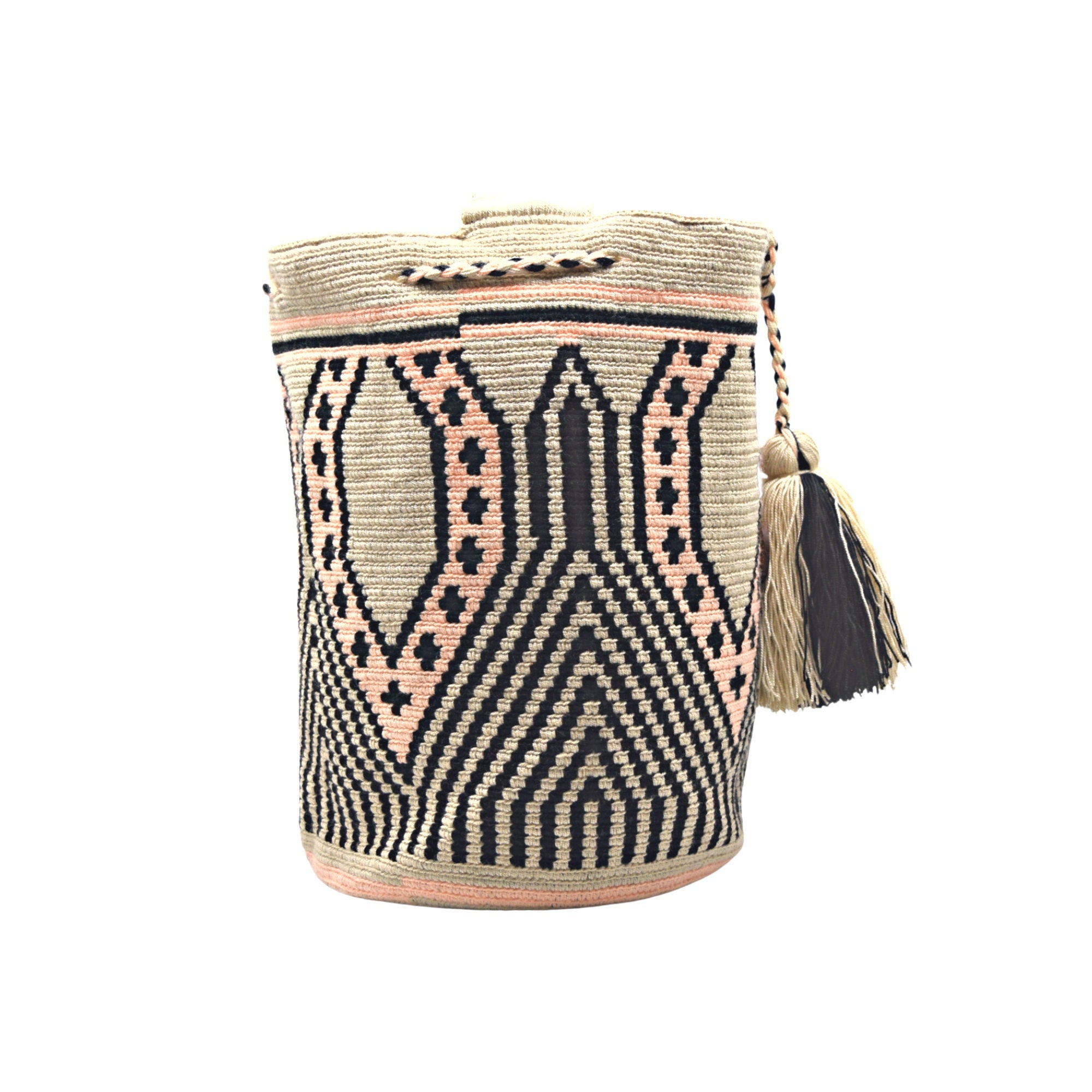 Large Exclusive Colombian Wayuu Mochila Bag | Non-Stretch Strap | Beige Black lines and Salmon