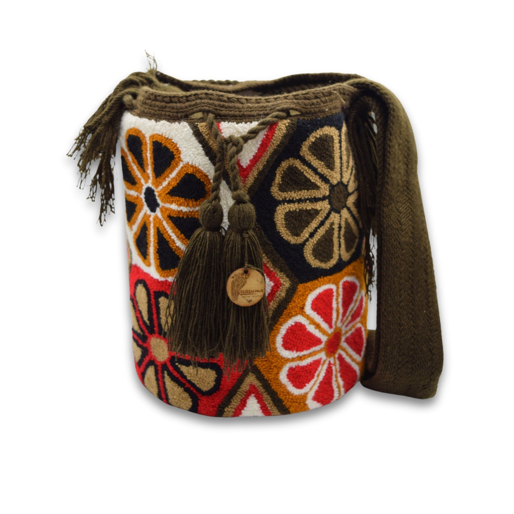 Wayuu Mochila Bag | Large Tapizada | Handmade in Colombia | Red Brown Flowers