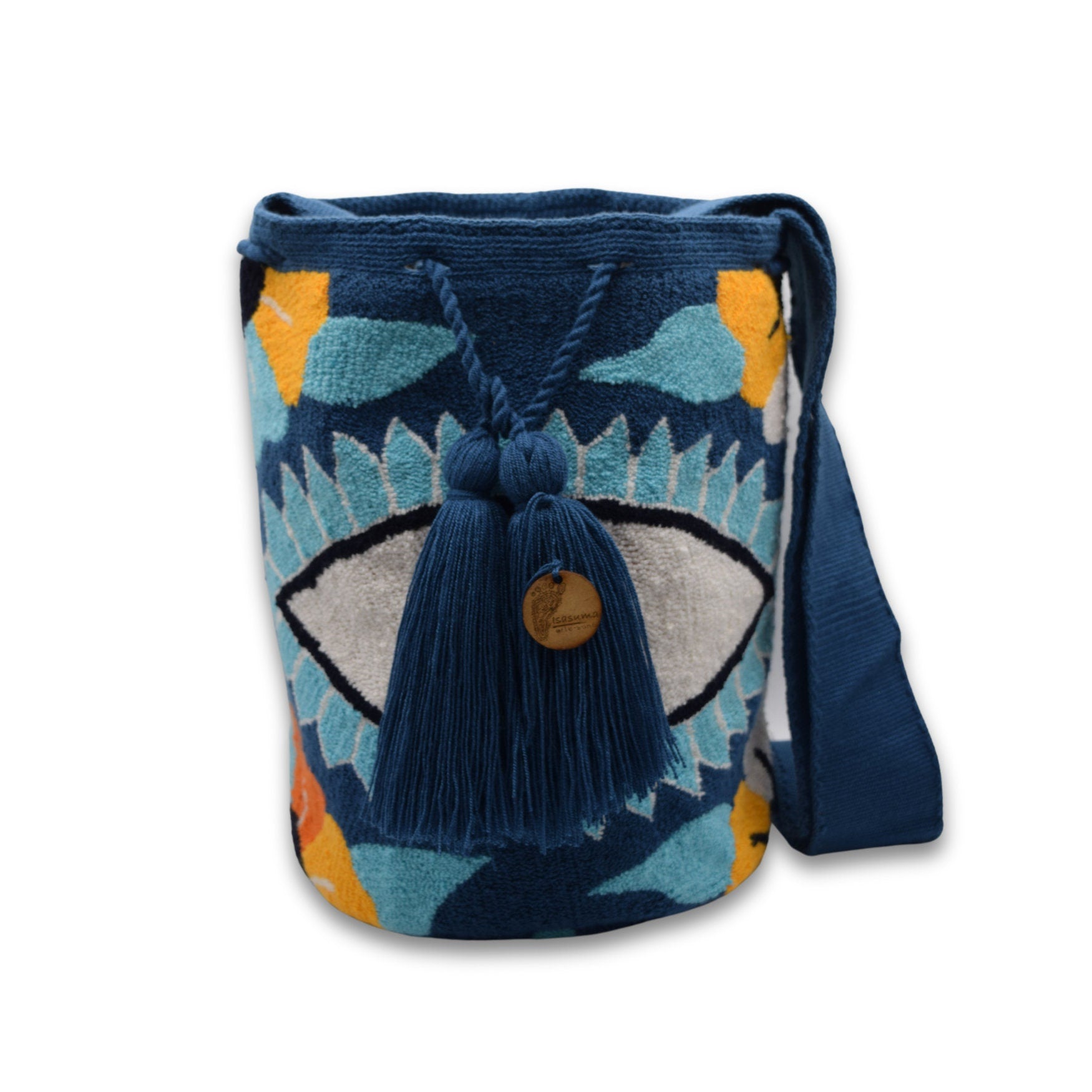 Wayuu Mochila Bag | Large Tapizada | Handmade in Colombia | Blue Blue Evil Lucky Awaken Eye Flowers