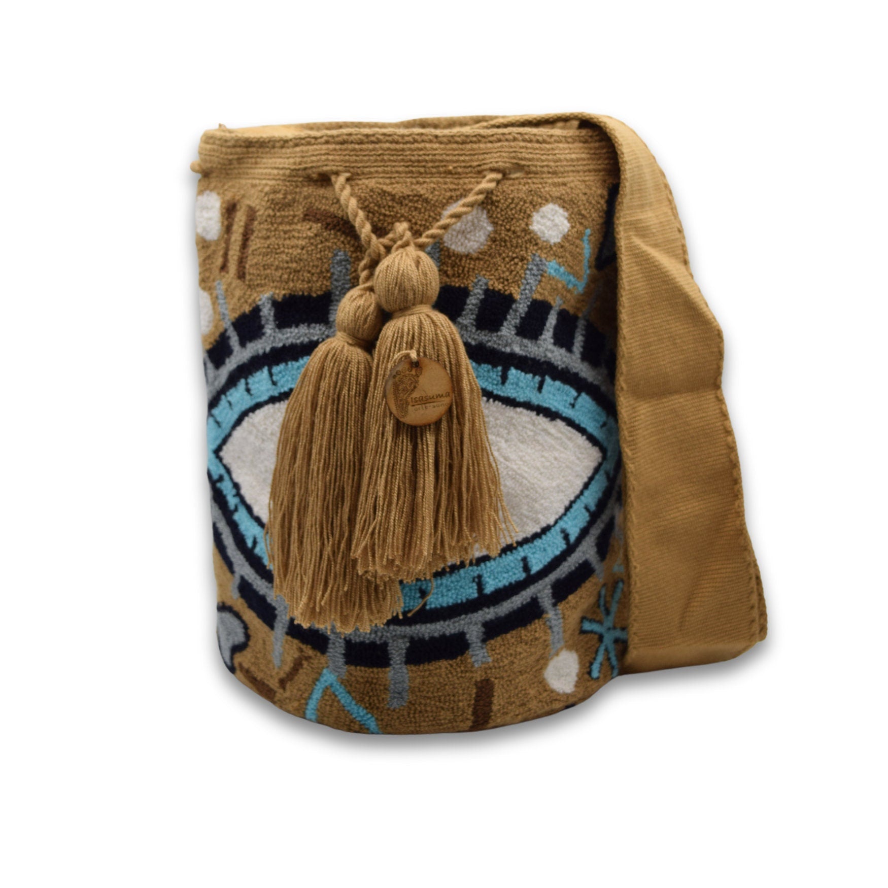 Wayuu Mochila Bag | Large Tapizada | Handmade in Colombia | Caramel Blue Evil StarLucky Awaken Eye