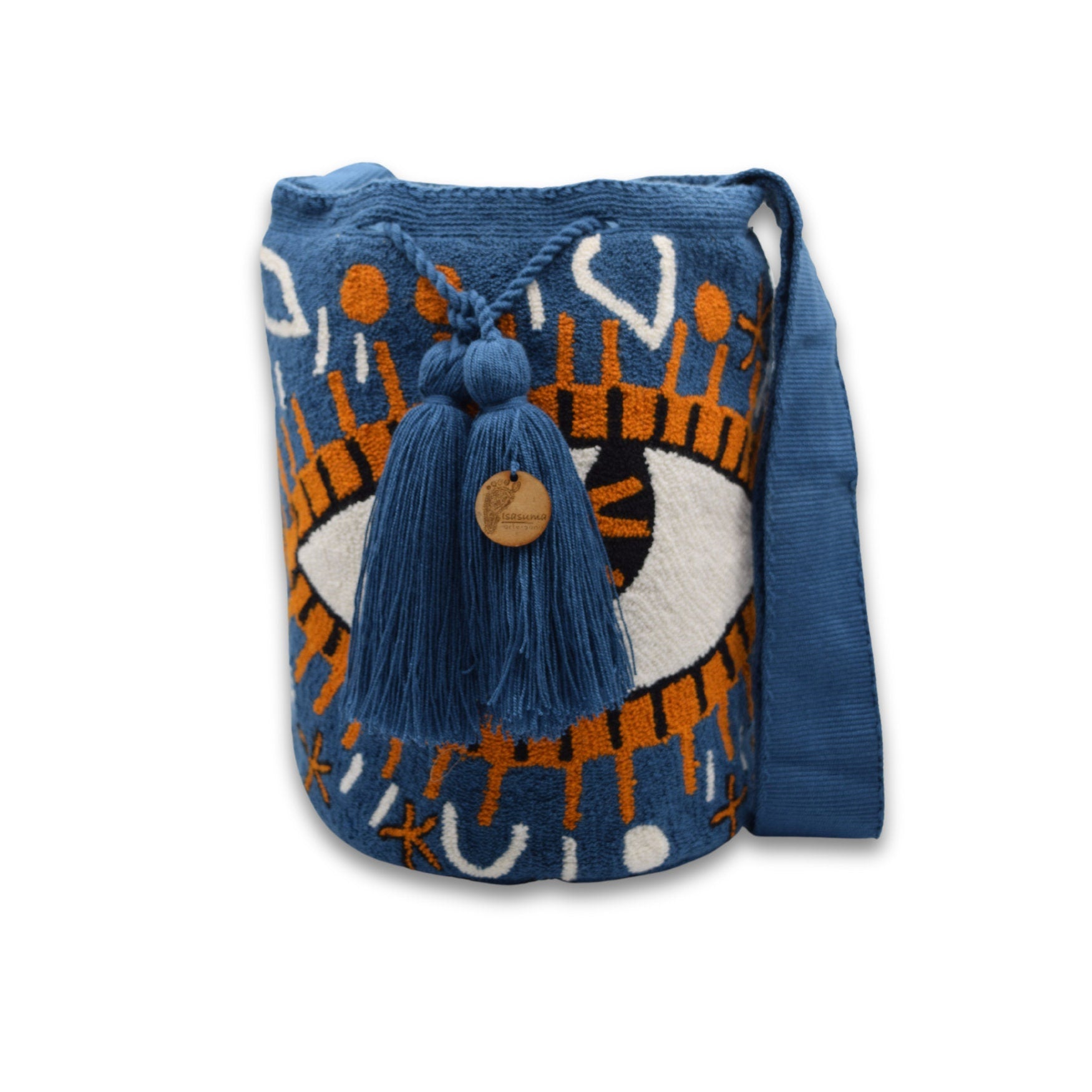 Wayuu Mochila Bag | Large Tapizada | Handmade in Colombia | Dark Steel blue, Orange Evil Lucky Awaken Eye