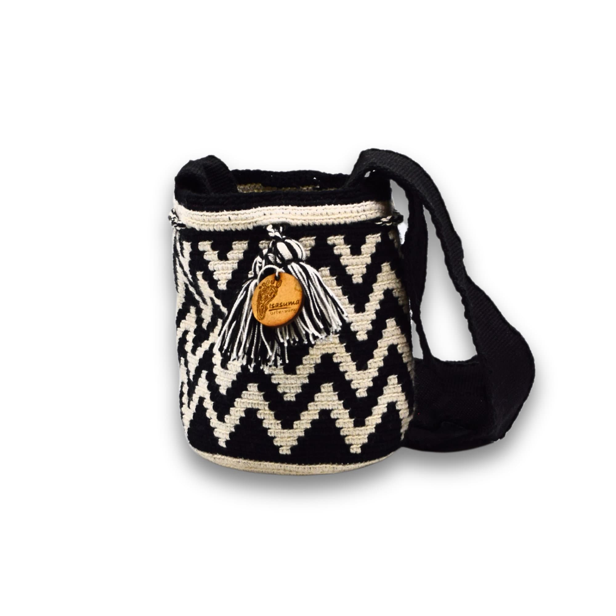 Mini Traditional Wayuu Mochila Bag | Woven Crossbody | Handmade | Boho | Black and white Non Stretch strap