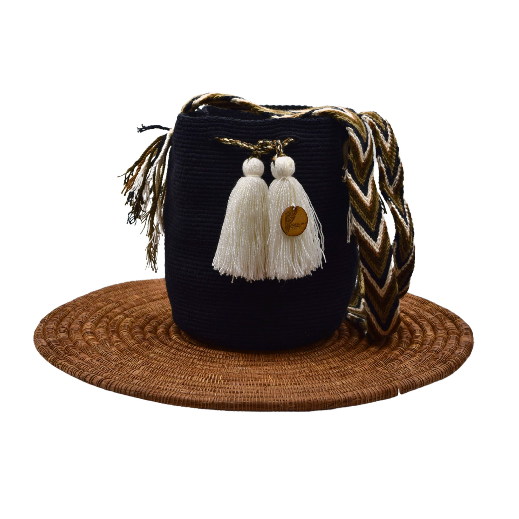 Medium Unicolor Wayuu Mochila Bag | Woven Crossbody | Handmade in Colombia | Black White Burla