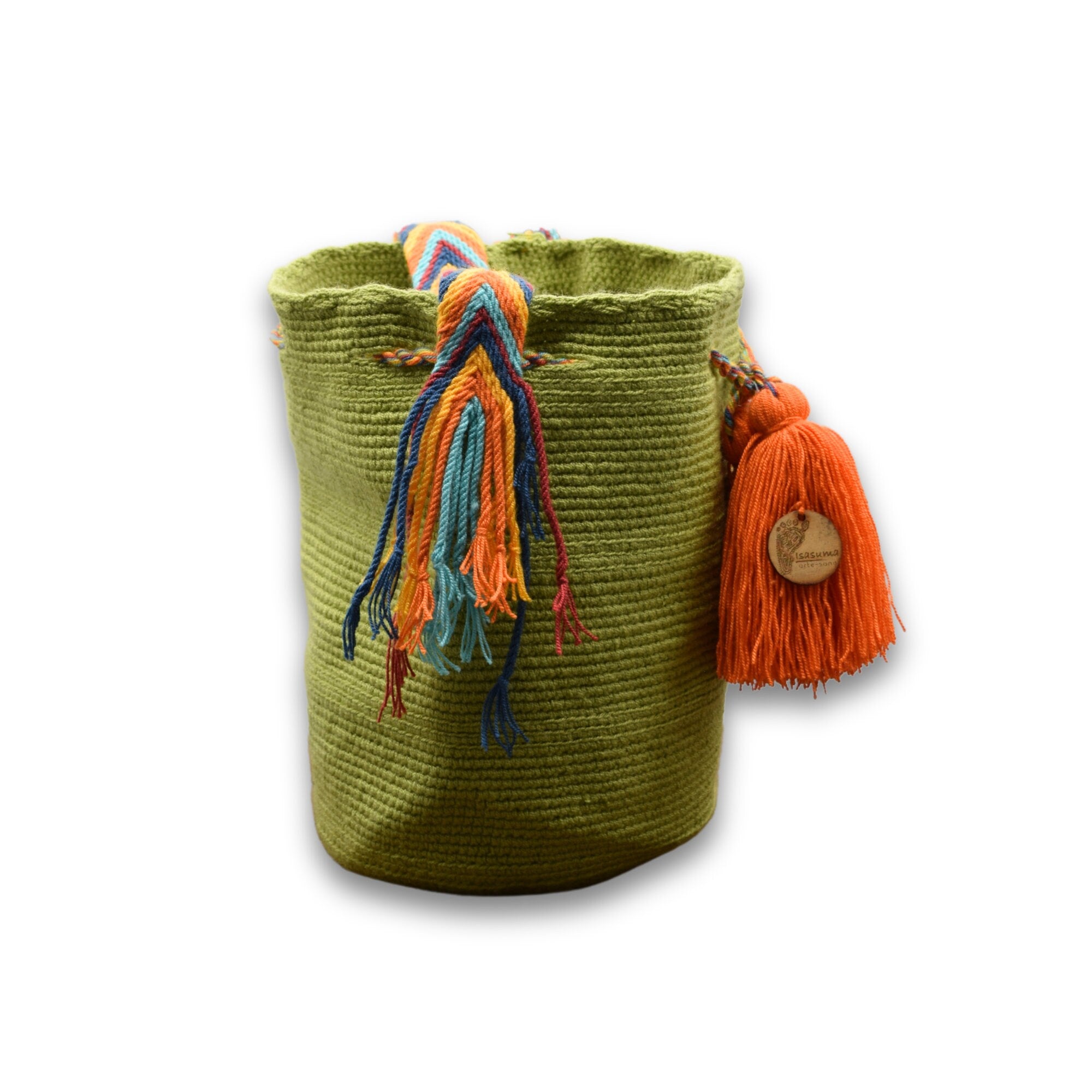 Medium Unicolor Wayuu Mochila Bag | Green Sunset colors strap