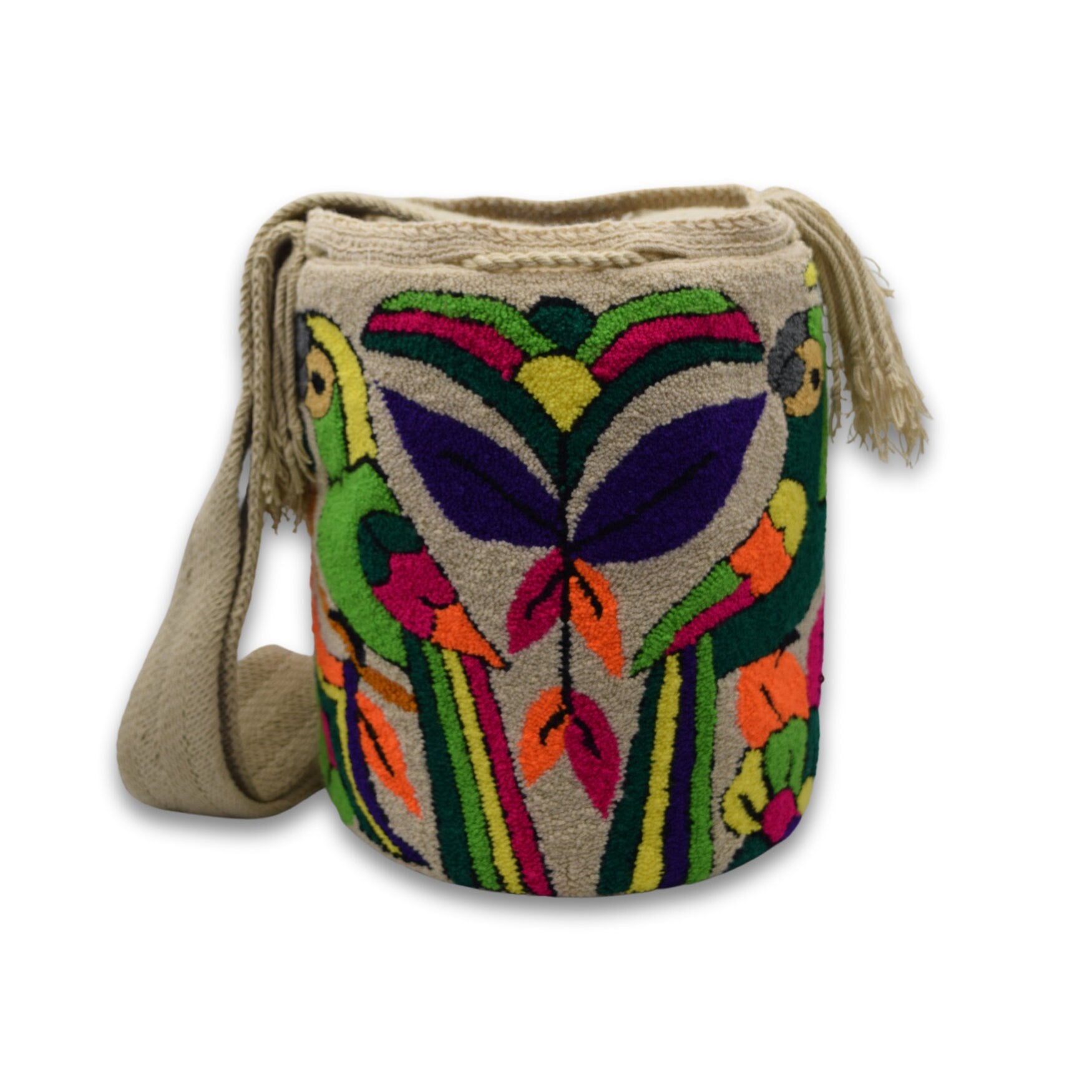 Wayuu Mochila Bag | Large Tapizada | Handmade in Colombia | Green Parrots