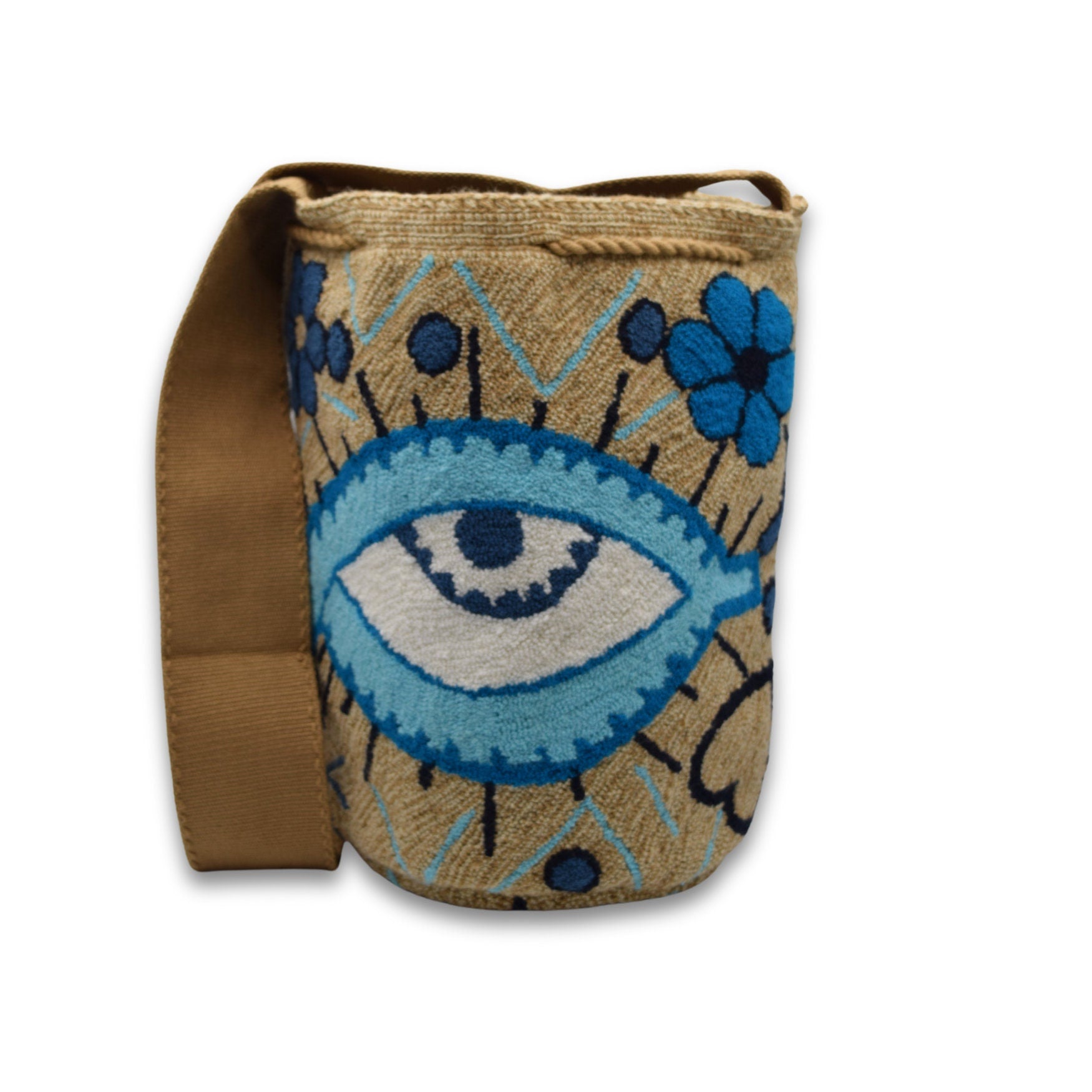 Wayuu Mochila Bag | Large Tapizada | Handmade in Colombia | Evil Lucky Awaken Eye with Flowers