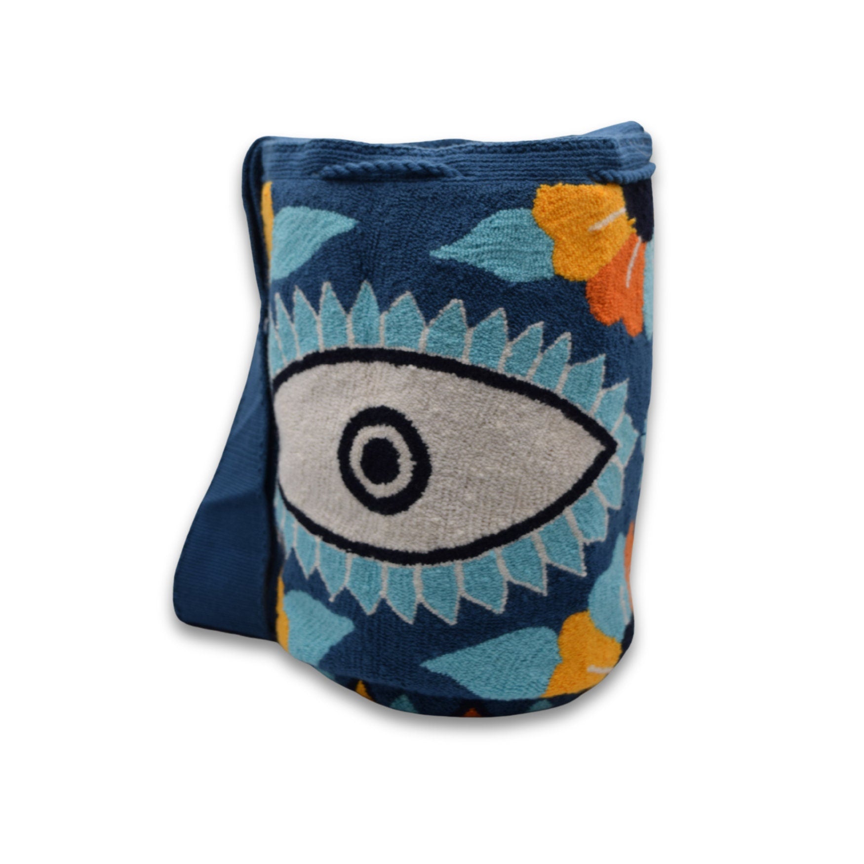 Wayuu Mochila Bag | Large Tapizada | Handmade in Colombia | Blue Blue Evil Lucky Awaken Eye Flowers
