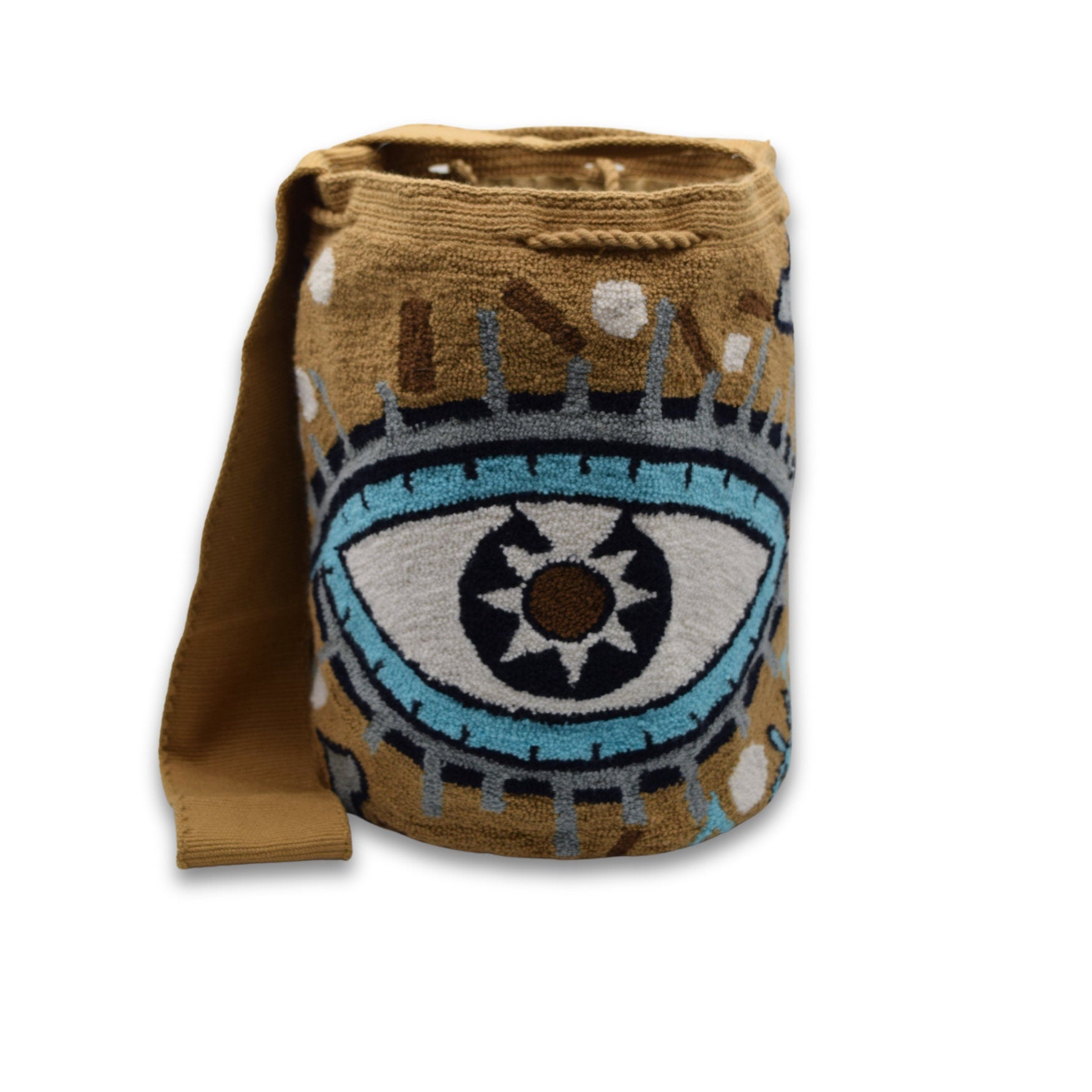 Wayuu Mochila Bag | Large Tapizada | Handmade in Colombia | Caramel Blue Evil StarLucky Awaken Eye