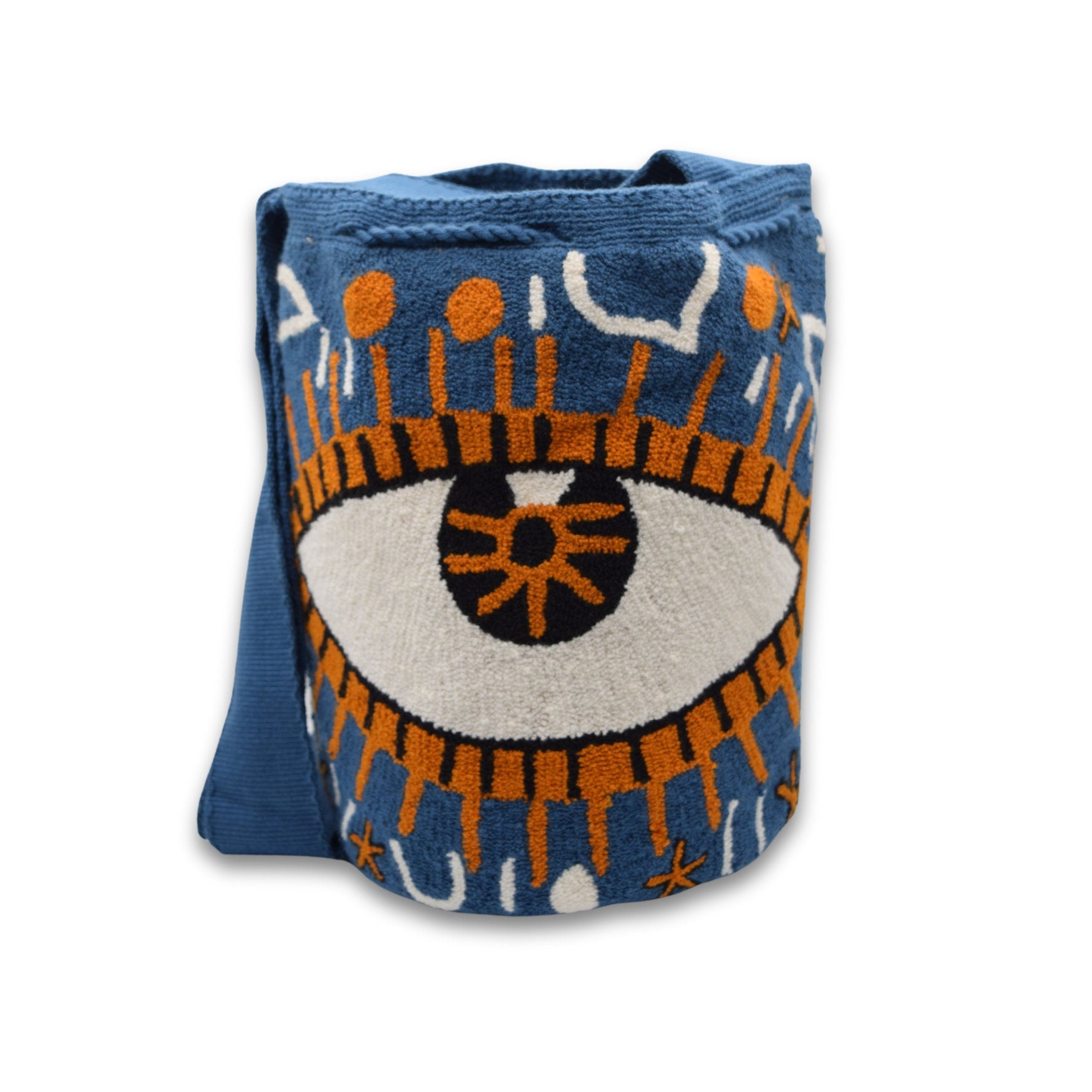 Wayuu Mochila Bag | Large Tapizada | Handmade in Colombia | Dark Steel blue, Orange Evil Lucky Awaken Eye