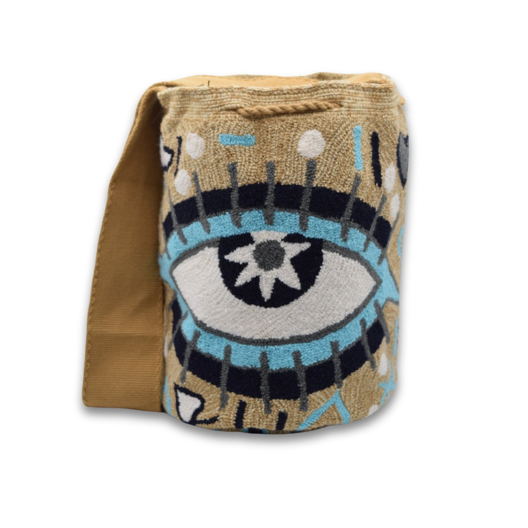 Wayuu Mochila Bag | Large Tapizada | Handmade in Colombia | Beige, dark and white star Evil Lucky Awaken Eye
