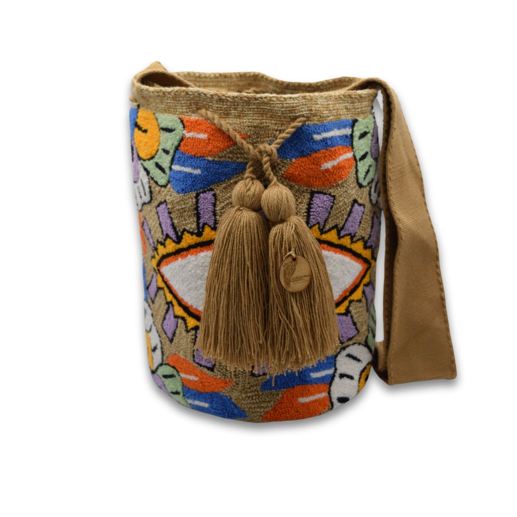 Wayuu Mochila Bag | Large Tapizada | Handmade in Colombia | Beige, Blue and Lilac Evil Lucky Awaken Eye
