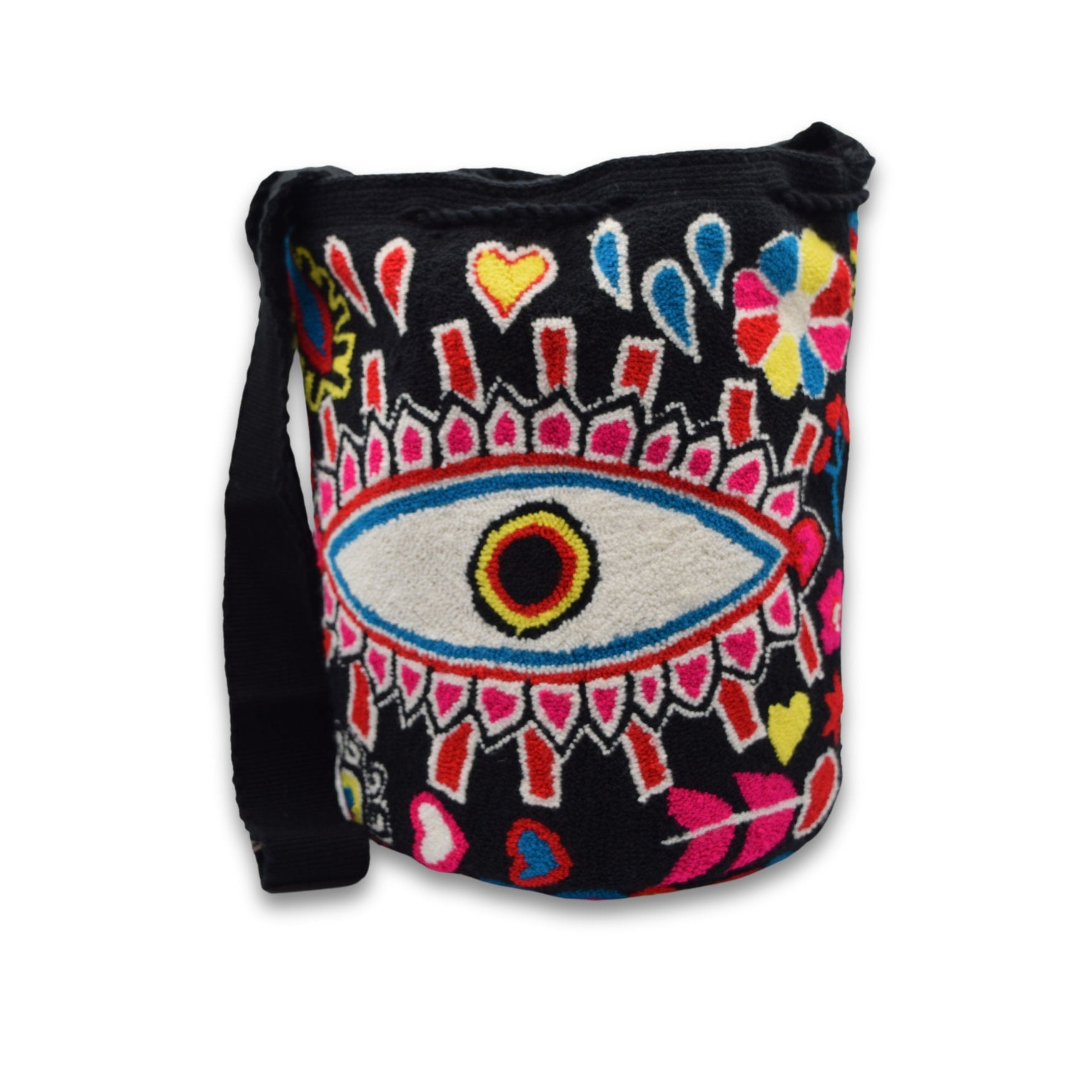 Wayuu Mochila Bag | Large Tapizada | Handmade in Colombia | Black, Red and yellow Evil Lucky Awaken Eye
