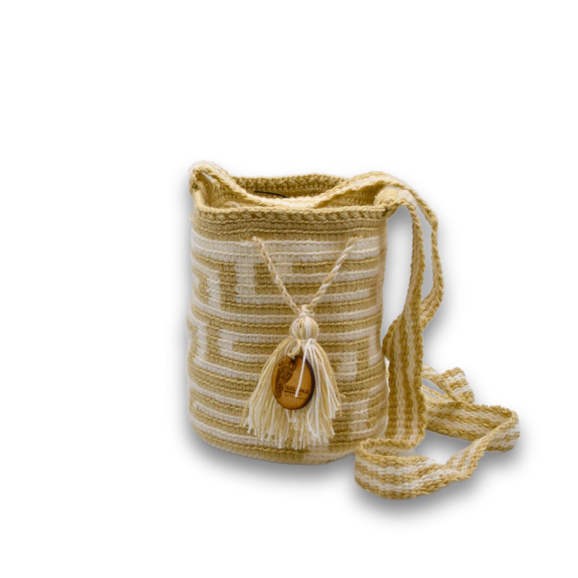 Mini Traditional Wayuu Mochila Bag | Woven Crossbody | Handmade | Boho | Beige and white